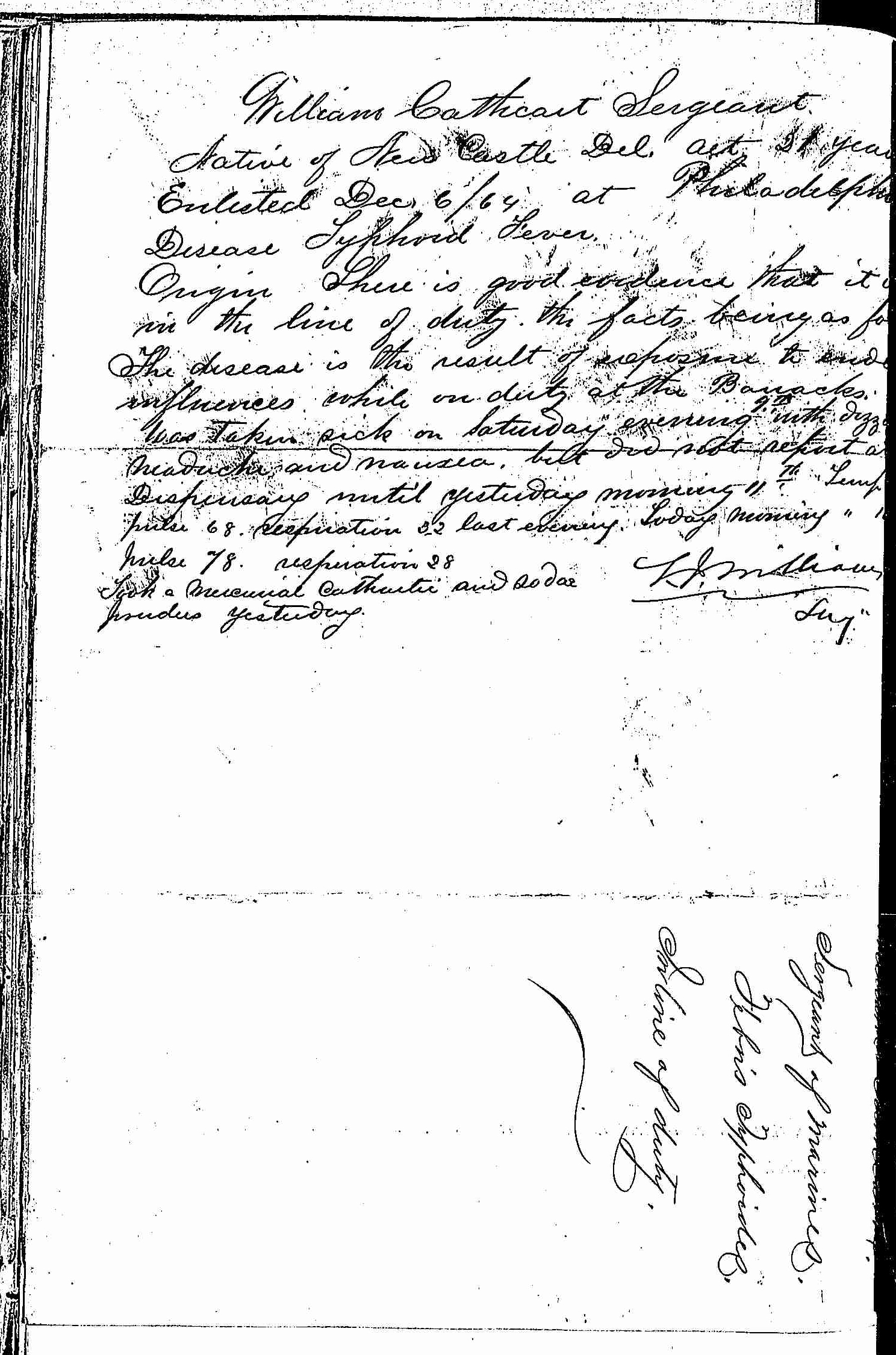 Entry for William Cathcart (page 2 of 2) in the log Hospital Tickets and Case Papers - Naval Hospital - Washington, D.C. - 1866-68