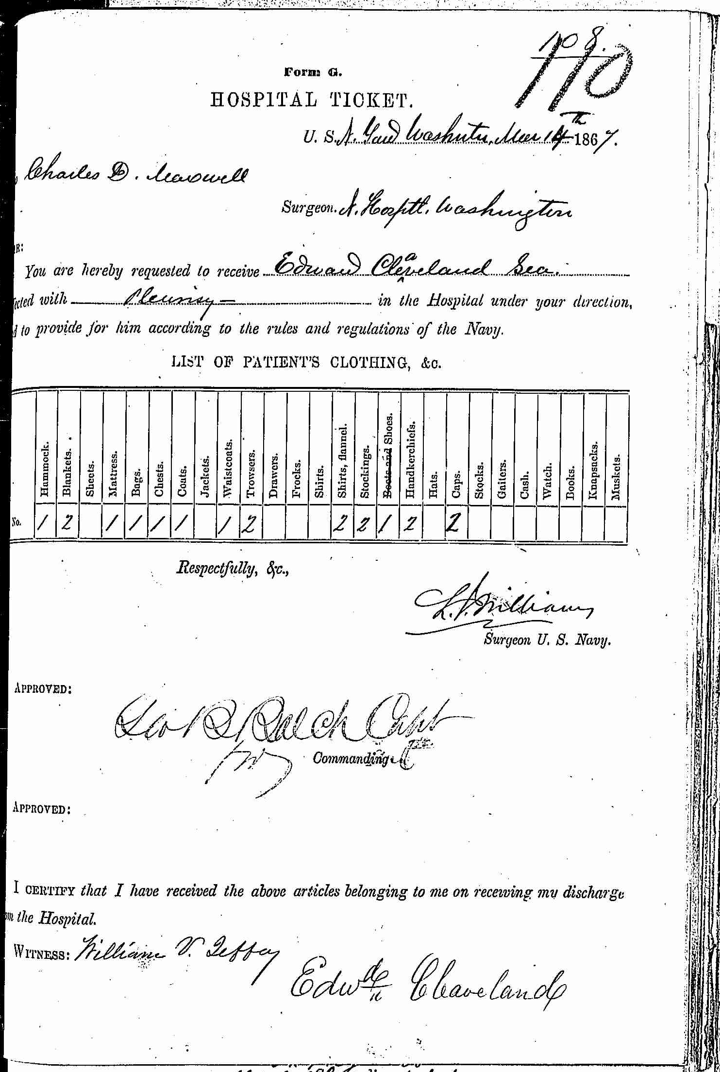 Entry for Edward Cleveland (page 1 of 2) in the log Hospital Tickets and Case Papers - Naval Hospital - Washington, D.C. - 1866-68