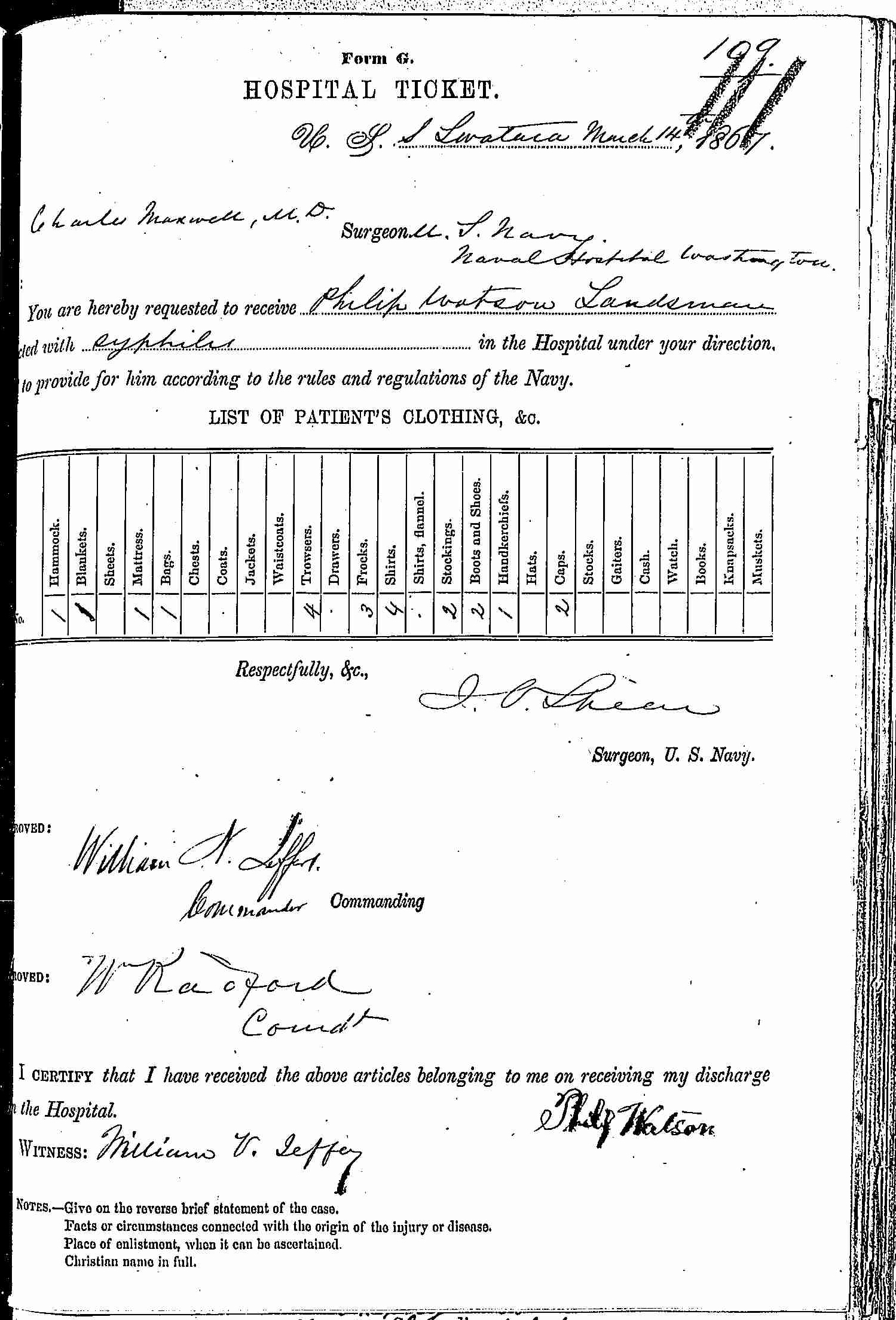 Entry for Philip Watson (page 1 of 2) in the log Hospital Tickets and Case Papers - Naval Hospital - Washington, D.C. - 1866-68