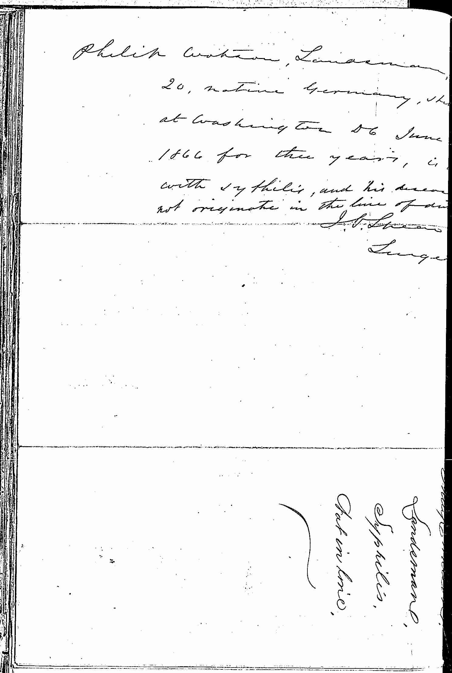 Entry for Philip Watson (page 2 of 2) in the log Hospital Tickets and Case Papers - Naval Hospital - Washington, D.C. - 1866-68