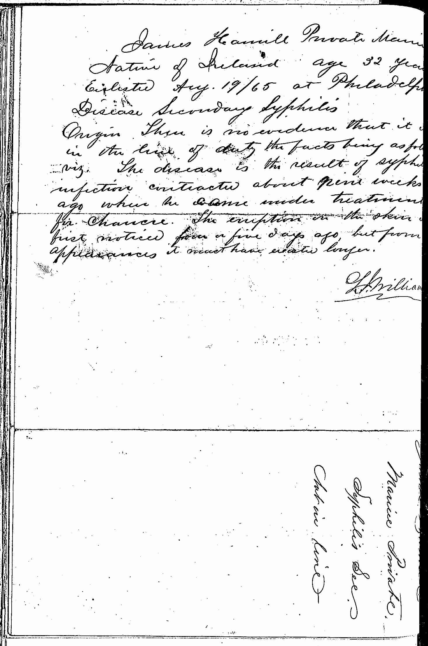 Entry for James Hamill (page 2 of 2) in the log Hospital Tickets and Case Papers - Naval Hospital - Washington, D.C. - 1866-68