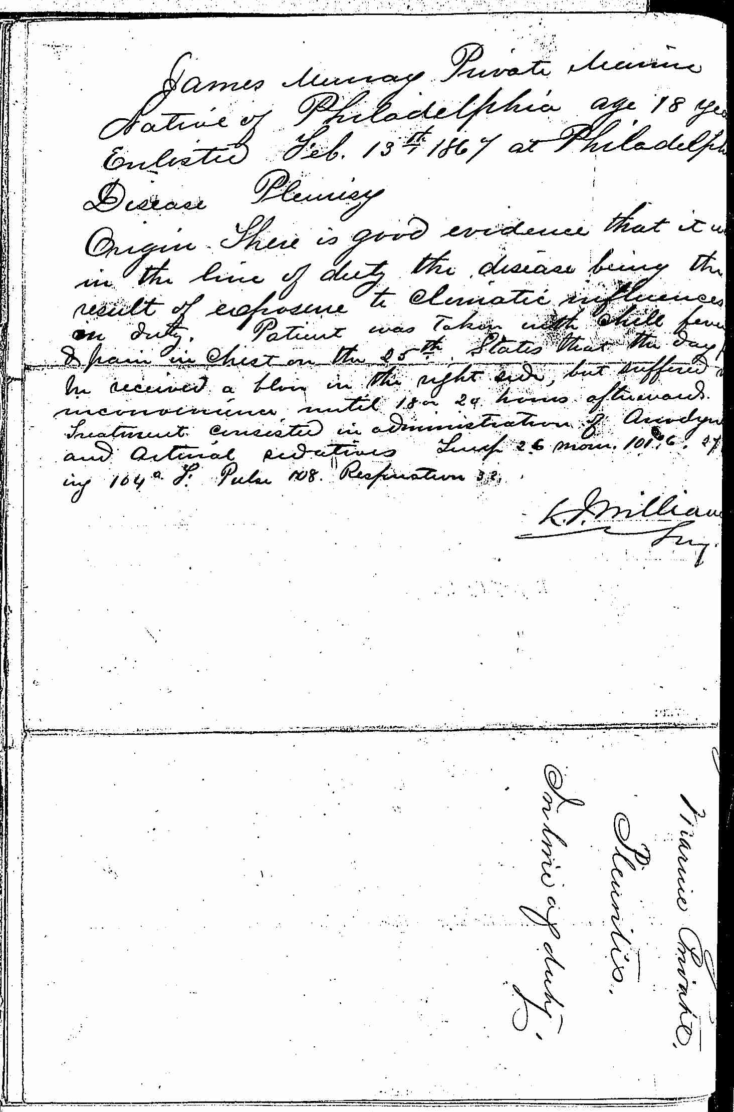 Entry for James Murray (page 2 of 2) in the log Hospital Tickets and Case Papers - Naval Hospital - Washington, D.C. - 1866-68