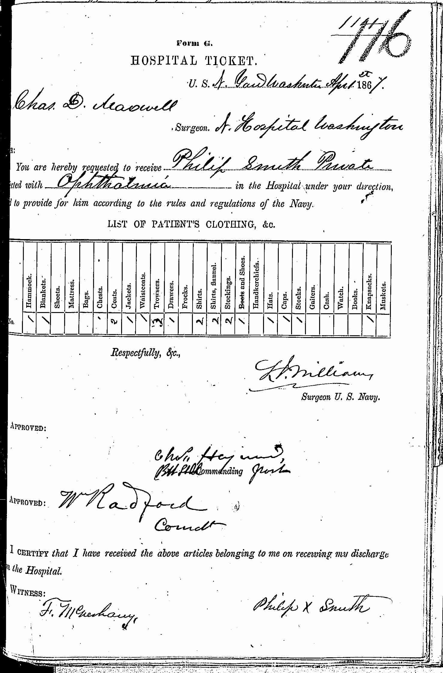 Entry for Philip Smith (page 1 of 2) in the log Hospital Tickets and Case Papers - Naval Hospital - Washington, D.C. - 1866-68