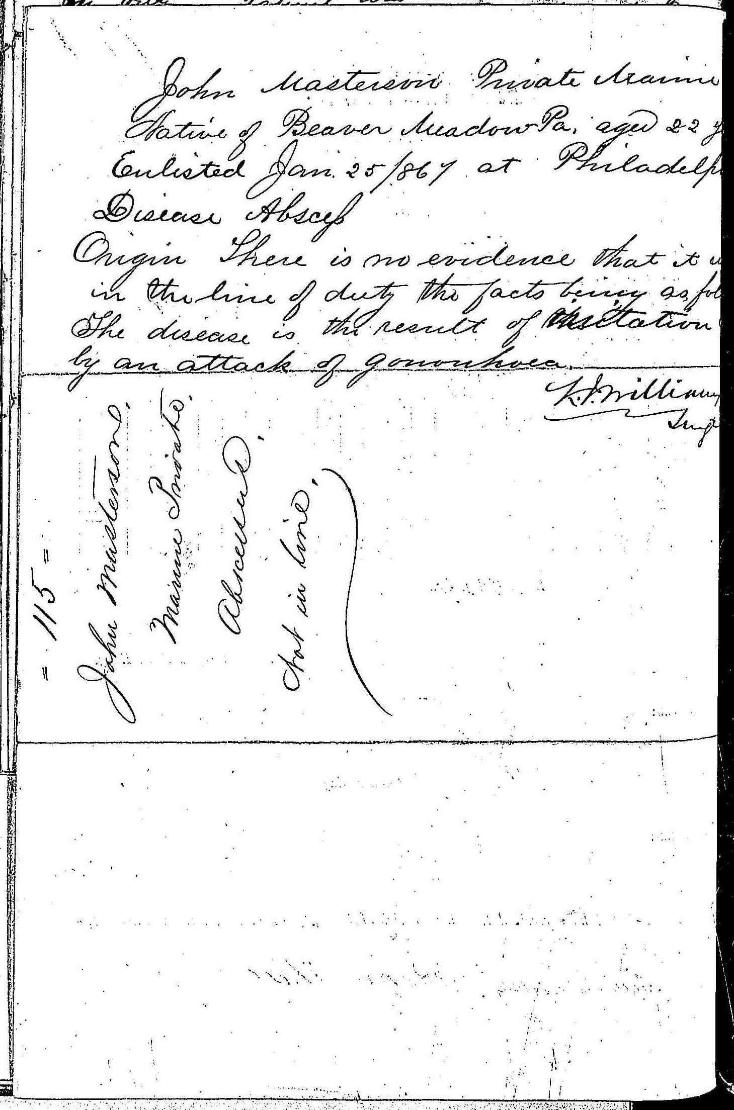 Entry for John Masterson (page 2 of 2) in the log Hospital Tickets and Case Papers - Naval Hospital - Washington, D.C. - 1866-68