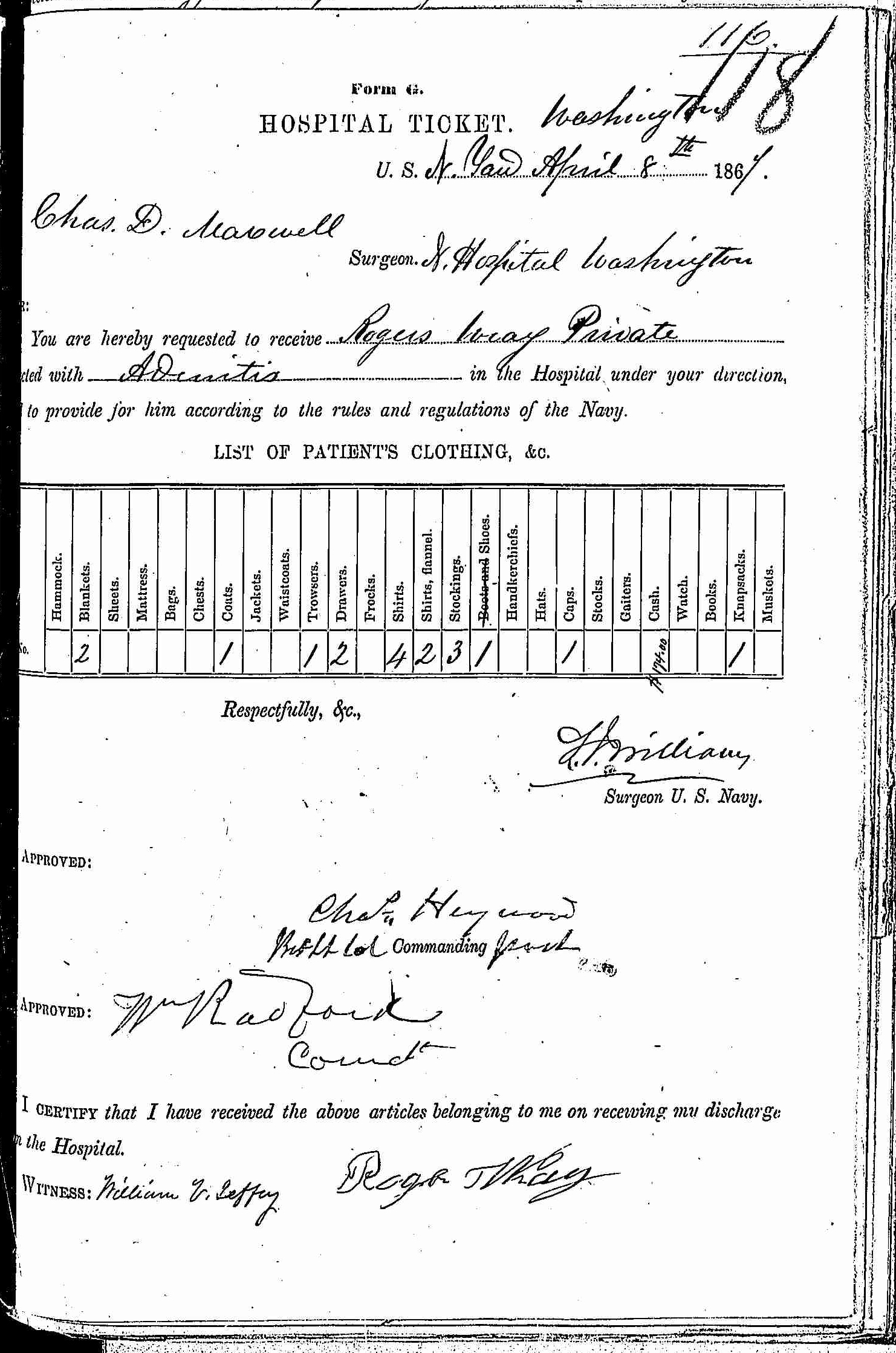 Entry for Rogers Wray (first admission page 1 of 2) in the log Hospital Tickets and Case Papers - Naval Hospital - Washington, D.C. - 1866-68