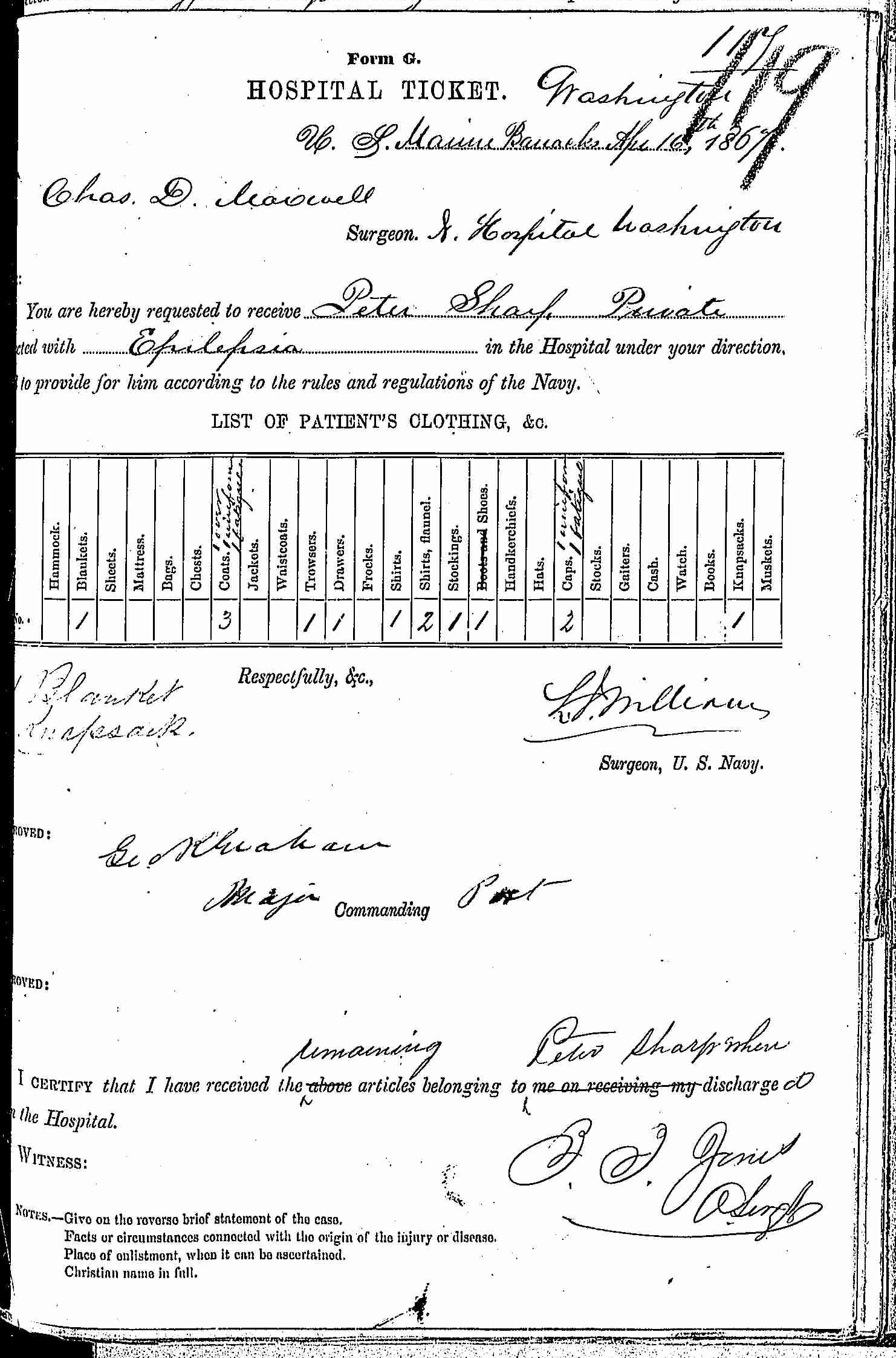 Entry for Peter Sharp (page 1 of 2) in the log Hospital Tickets and Case Papers - Naval Hospital - Washington, D.C. - 1866-68