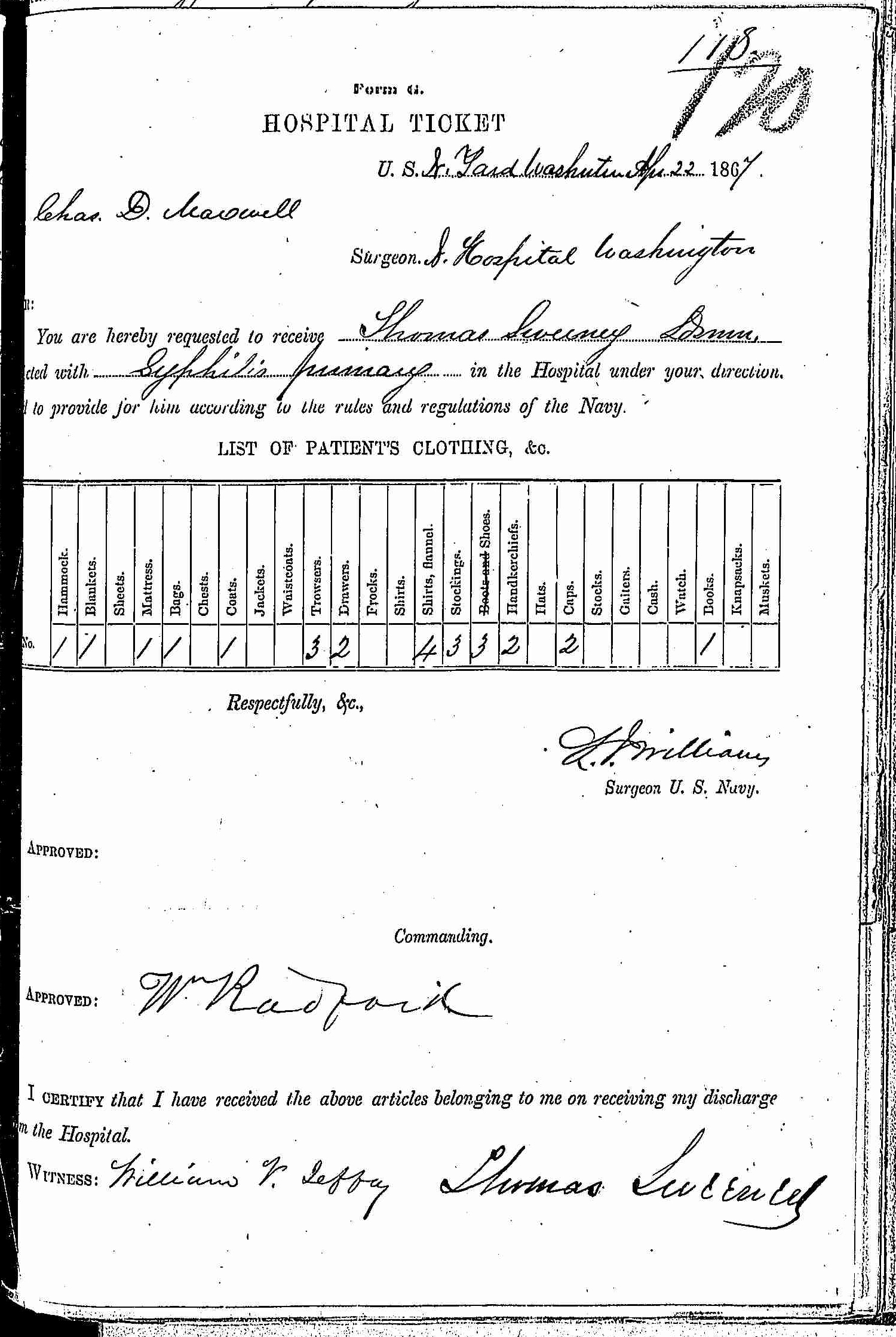 Entry for Thomas Sweeney (page 1 of 2) in the log Hospital Tickets and Case Papers - Naval Hospital - Washington, D.C. - 1866-68