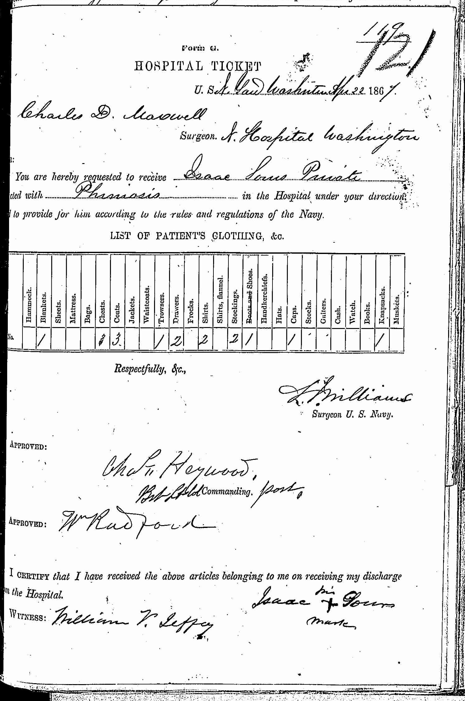 Entry for Isaac Sours (second admission page 1 of 2) in the log Hospital Tickets and Case Papers - Naval Hospital - Washington, D.C. - 1866-68