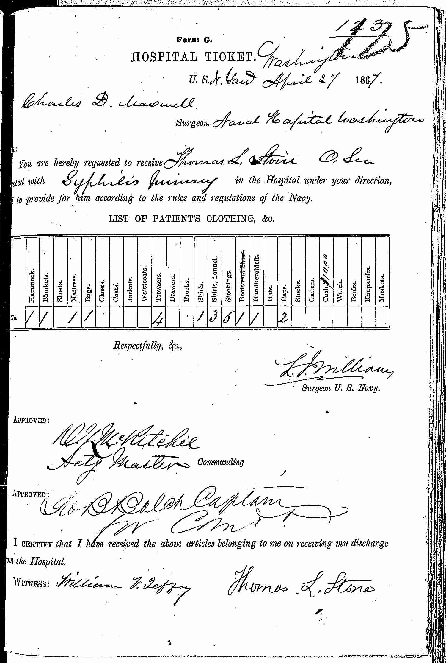 Entry for Thomas L. Stone (page 1 of 2) in the log Hospital Tickets and Case Papers - Naval Hospital - Washington, D.C. - 1866-68