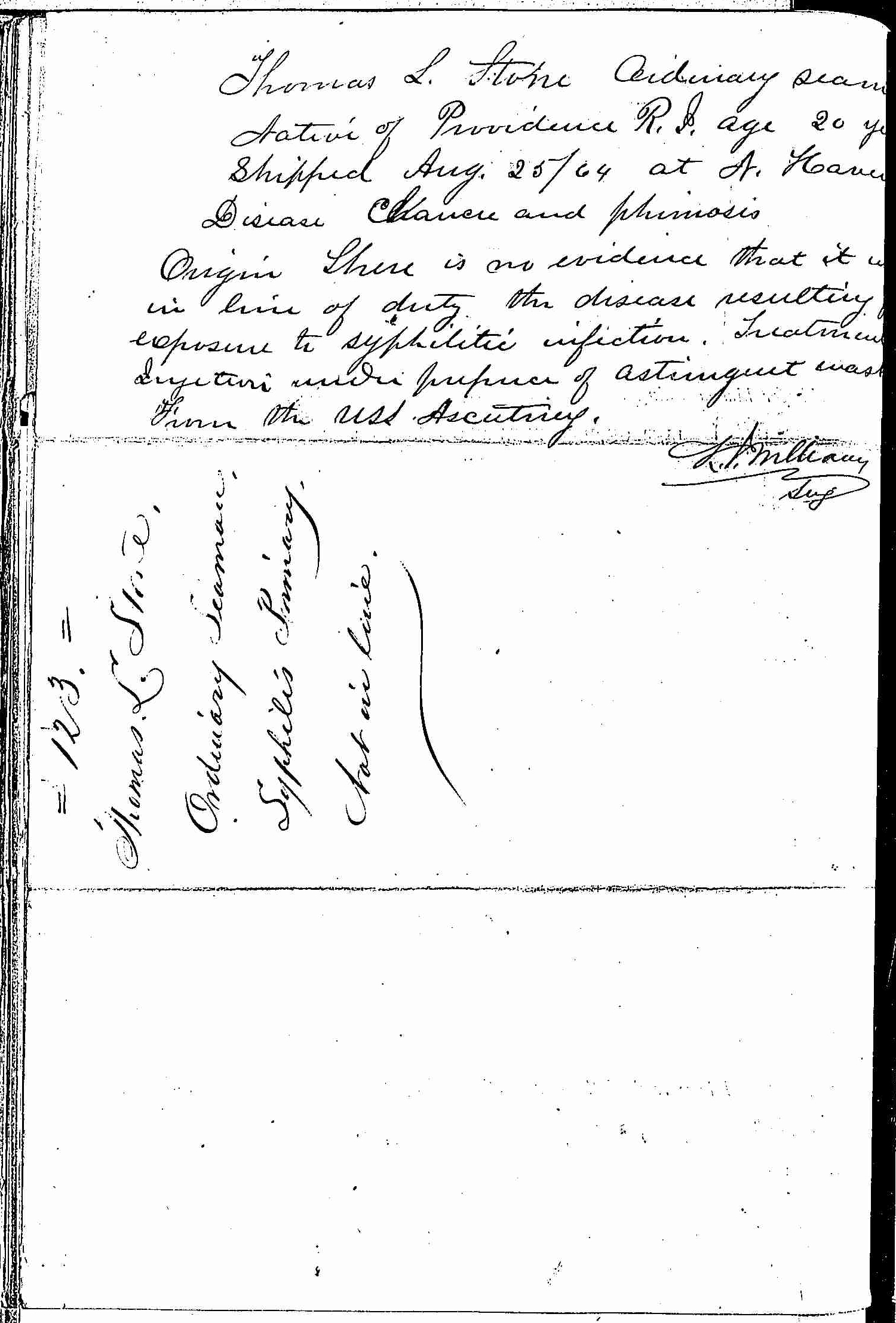 Entry for Thomas L. Stone (page 2 of 2) in the log Hospital Tickets and Case Papers - Naval Hospital - Washington, D.C. - 1866-68