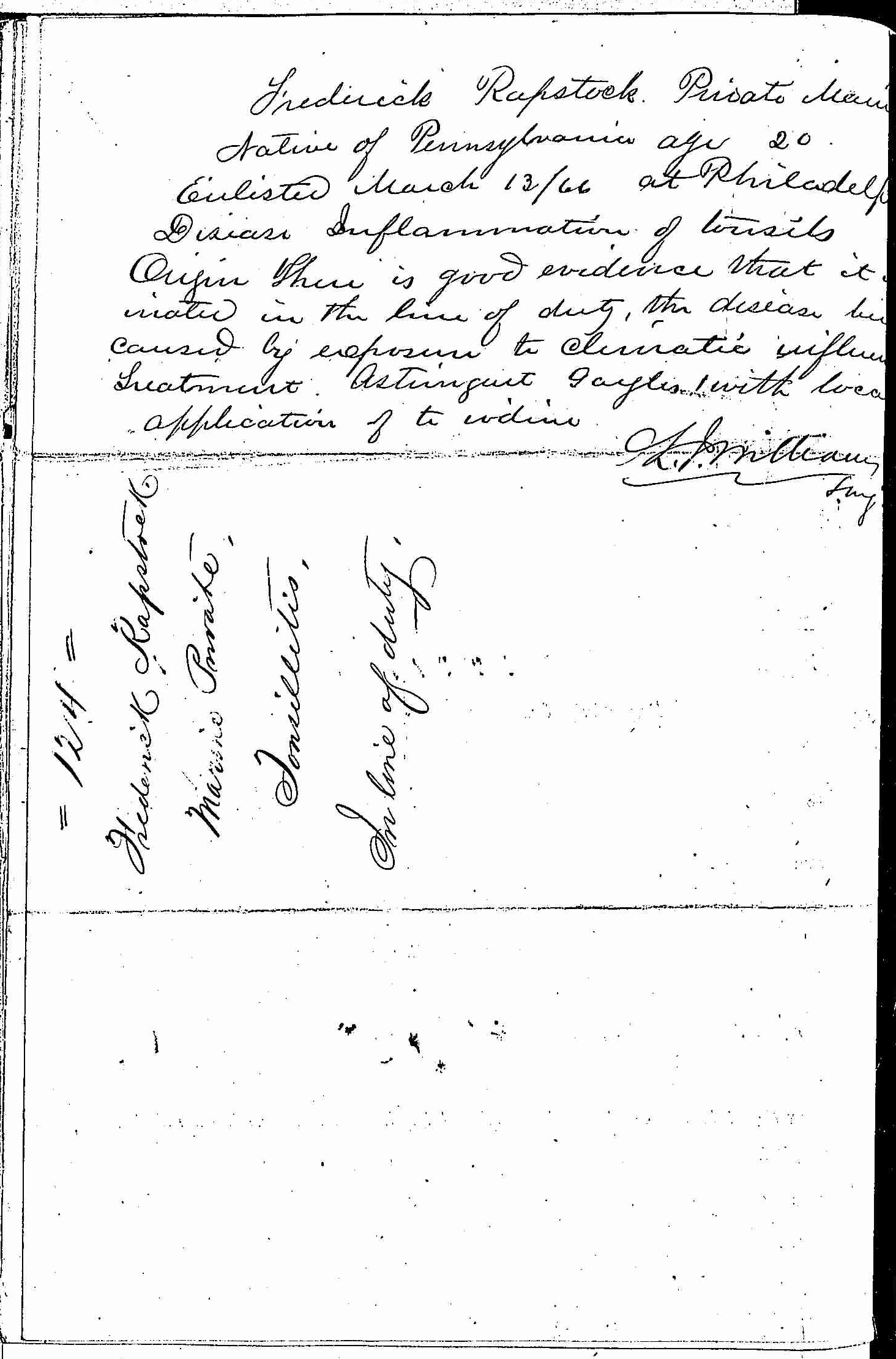 Entry for Frederick Rapstock (first admission page 2 of 2) in the log Hospital Tickets and Case Papers - Naval Hospital - Washington, D.C. - 1866-68