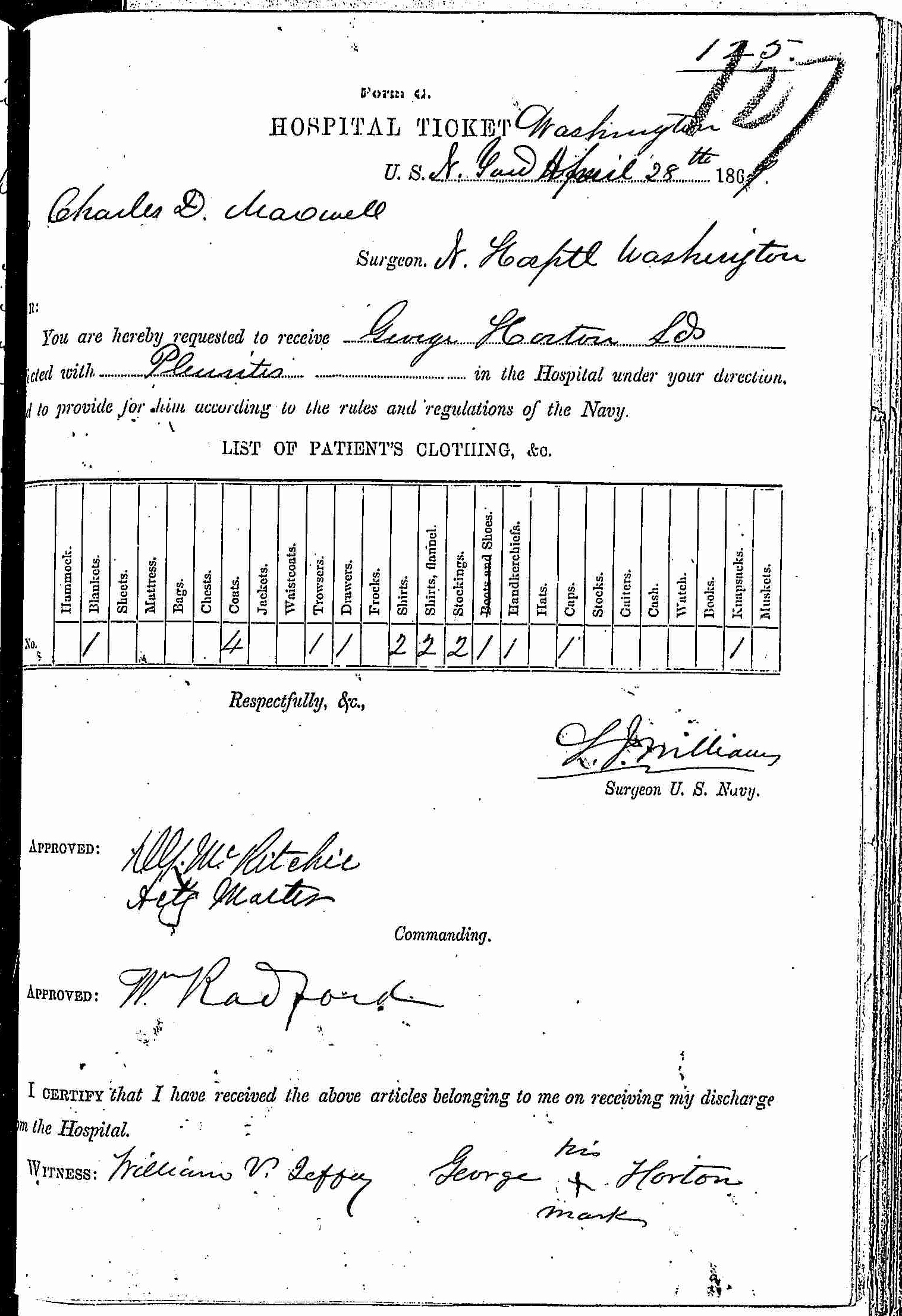 Entry for George Horton (page 1 of 2) in the log Hospital Tickets and Case Papers - Naval Hospital - Washington, D.C. - 1866-68