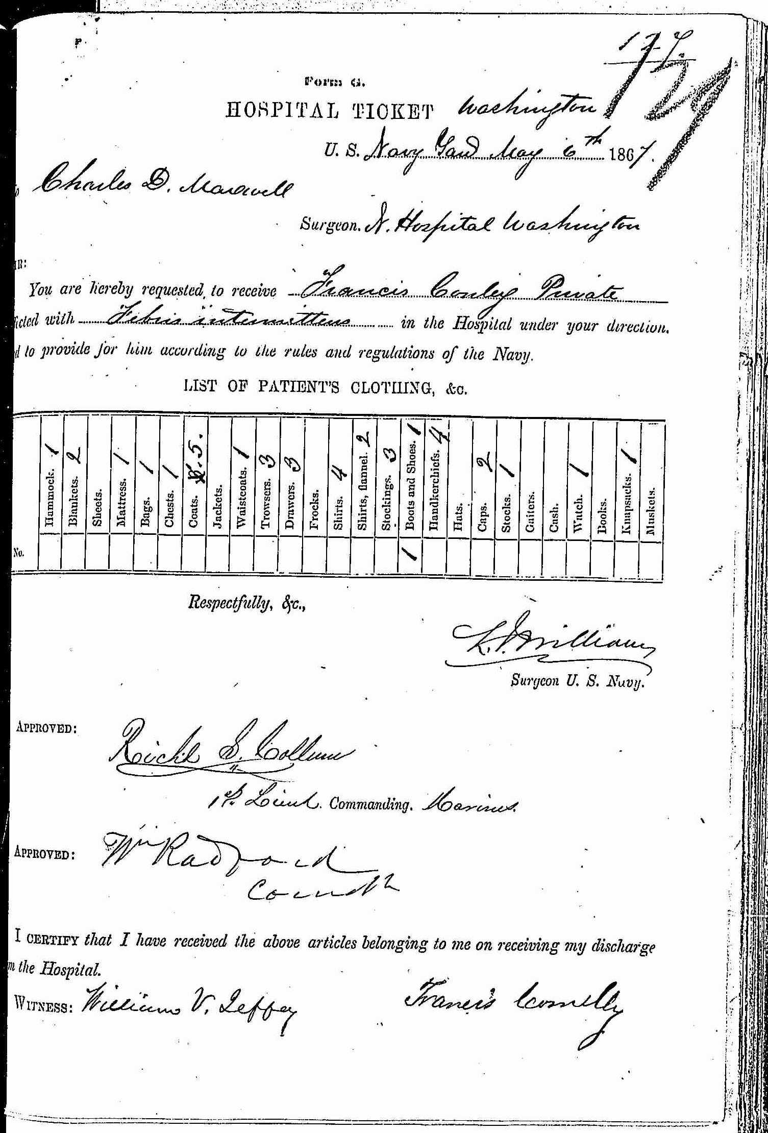 Entry for Francis Conley (page 1 of 2) in the log Hospital Tickets and Case Papers - Naval Hospital - Washington, D.C. - 1866-68
