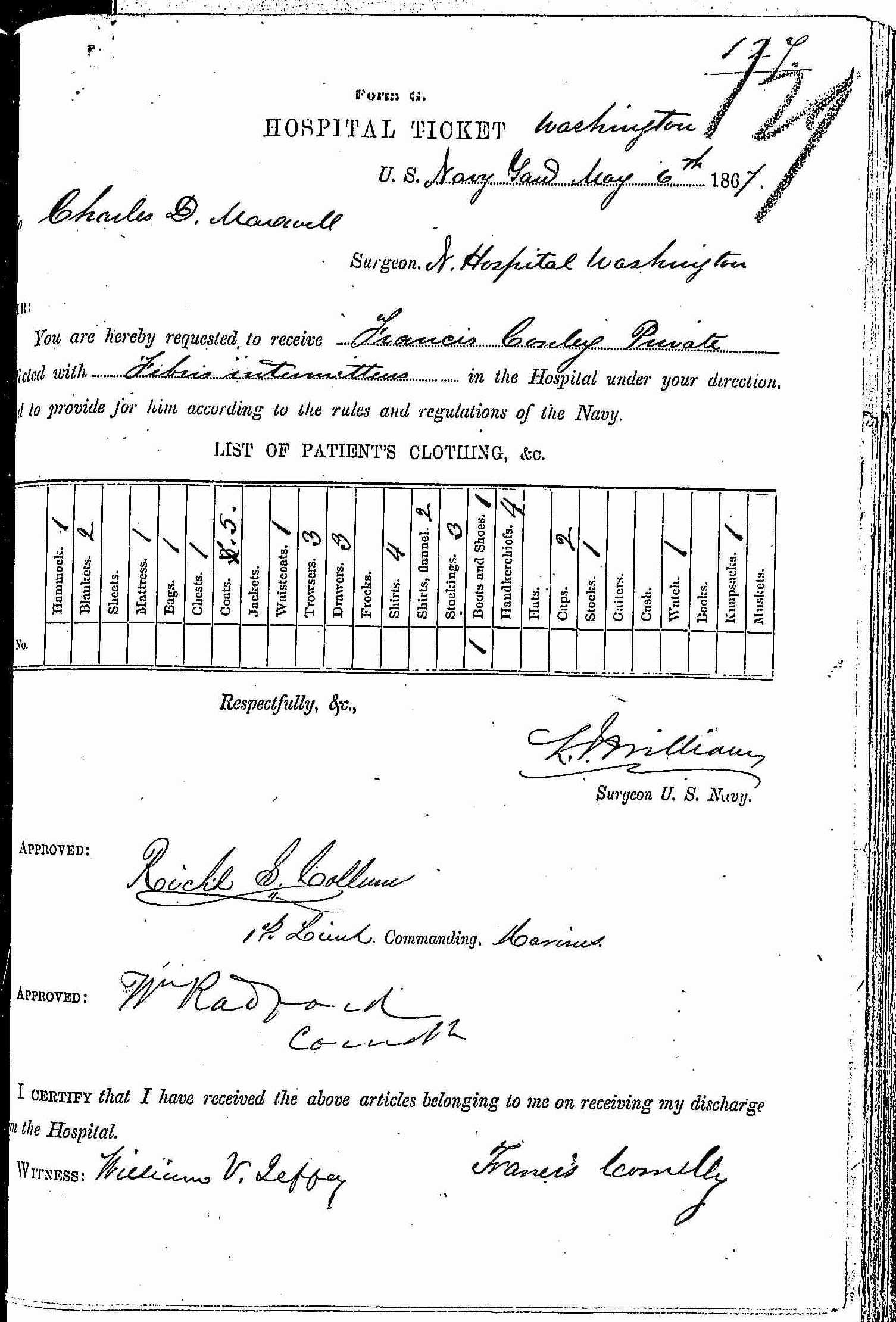 Entry for Francis Conley (page 1 of 2) in the log Hospital Tickets and Case Papers - Naval Hospital - Washington, D.C. - 1866-68