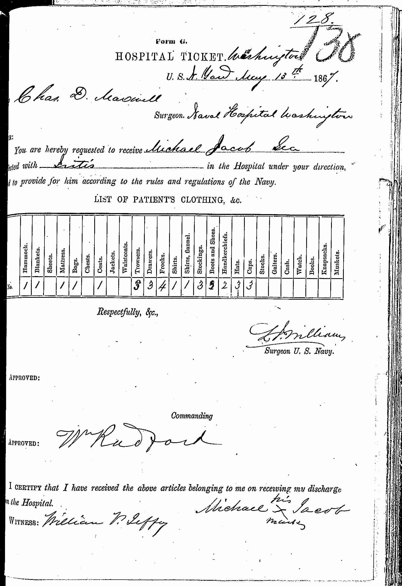 Entry for Michael Jacob (page 1 of 2) in the log Hospital Tickets and Case Papers - Naval Hospital - Washington, D.C. - 1866-68