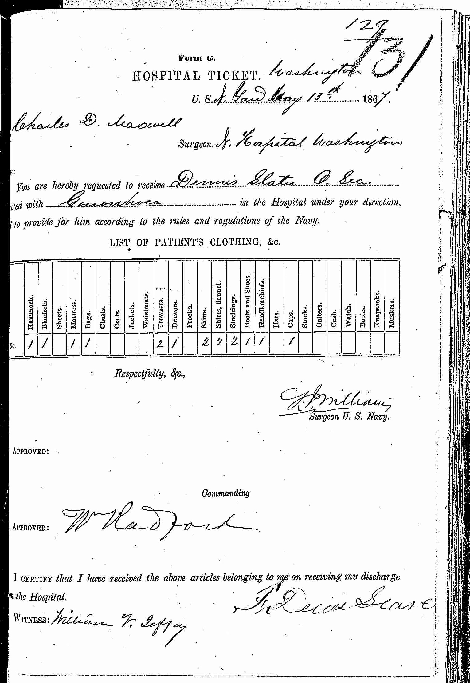 Entry for Dennis Slate (first admission page 1 of 2) in the log Hospital Tickets and Case Papers - Naval Hospital - Washington, D.C. - 1866-68