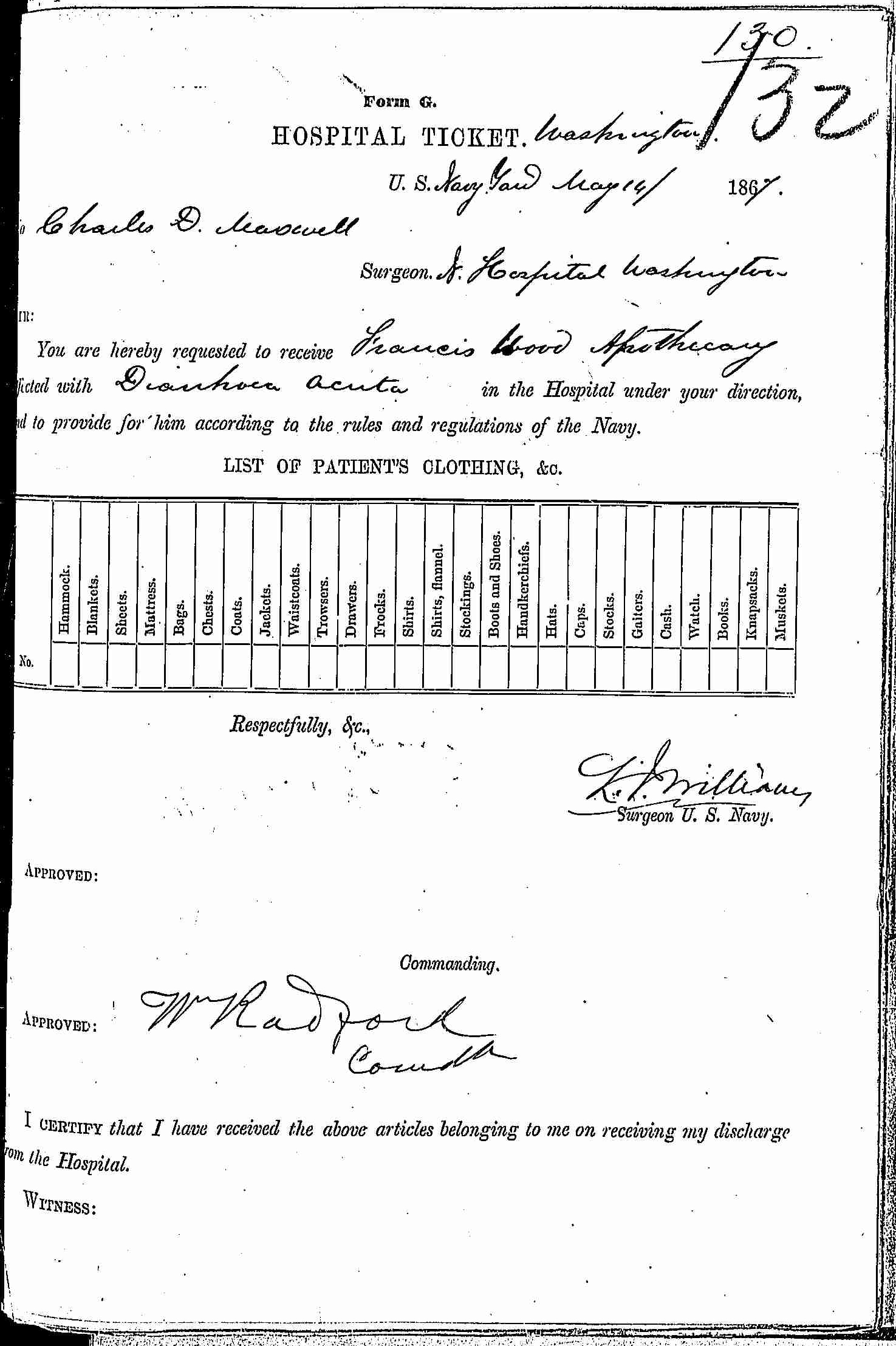 Entry for Francis Wood (page 1 of 2) in the log Hospital Tickets and Case Papers - Naval Hospital - Washington, D.C. - 1866-68