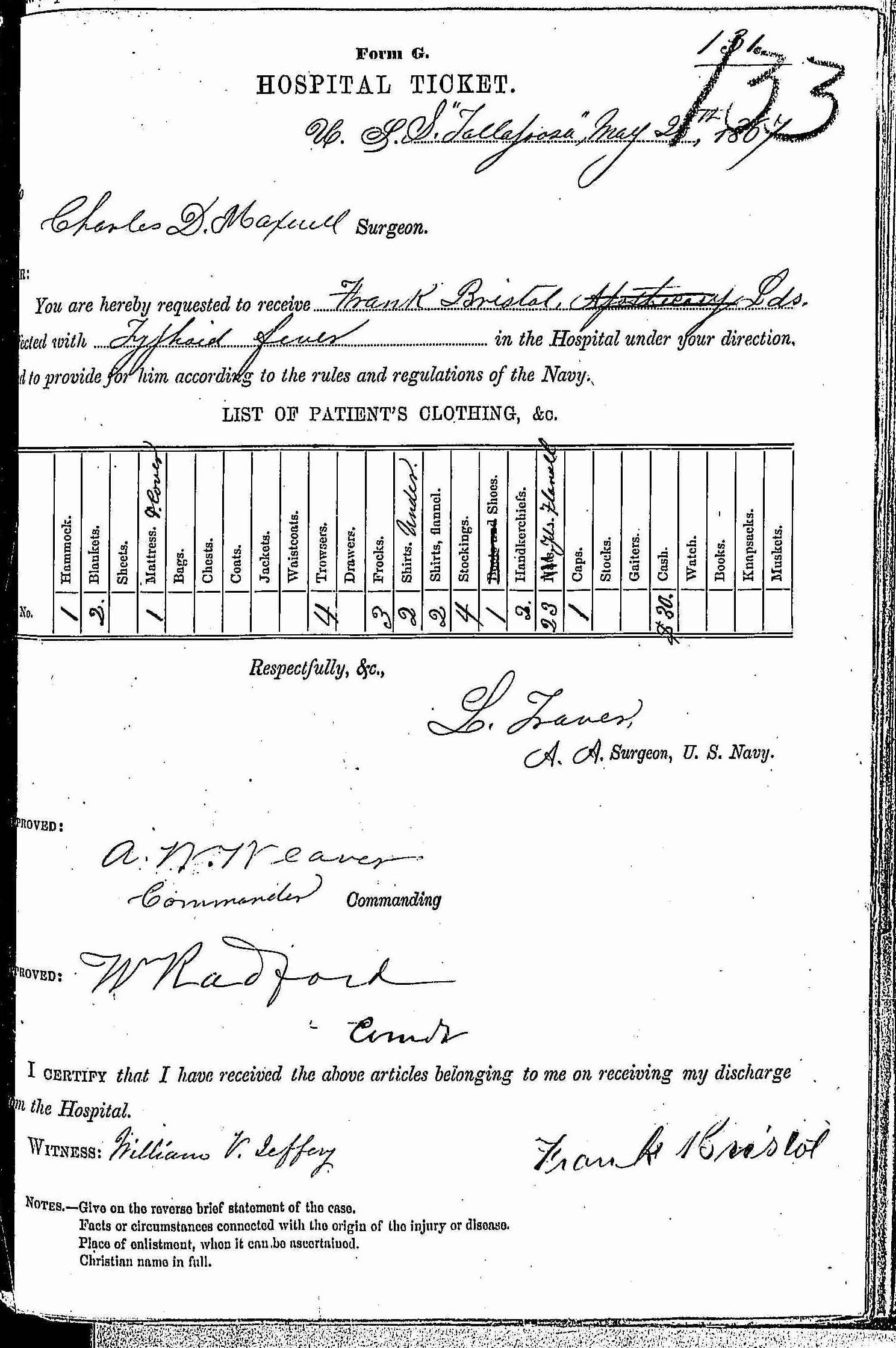 Entry for Frank Bristol (page 1 of 2) in the log Hospital Tickets and Case Papers - Naval Hospital - Washington, D.C. - 1866-68