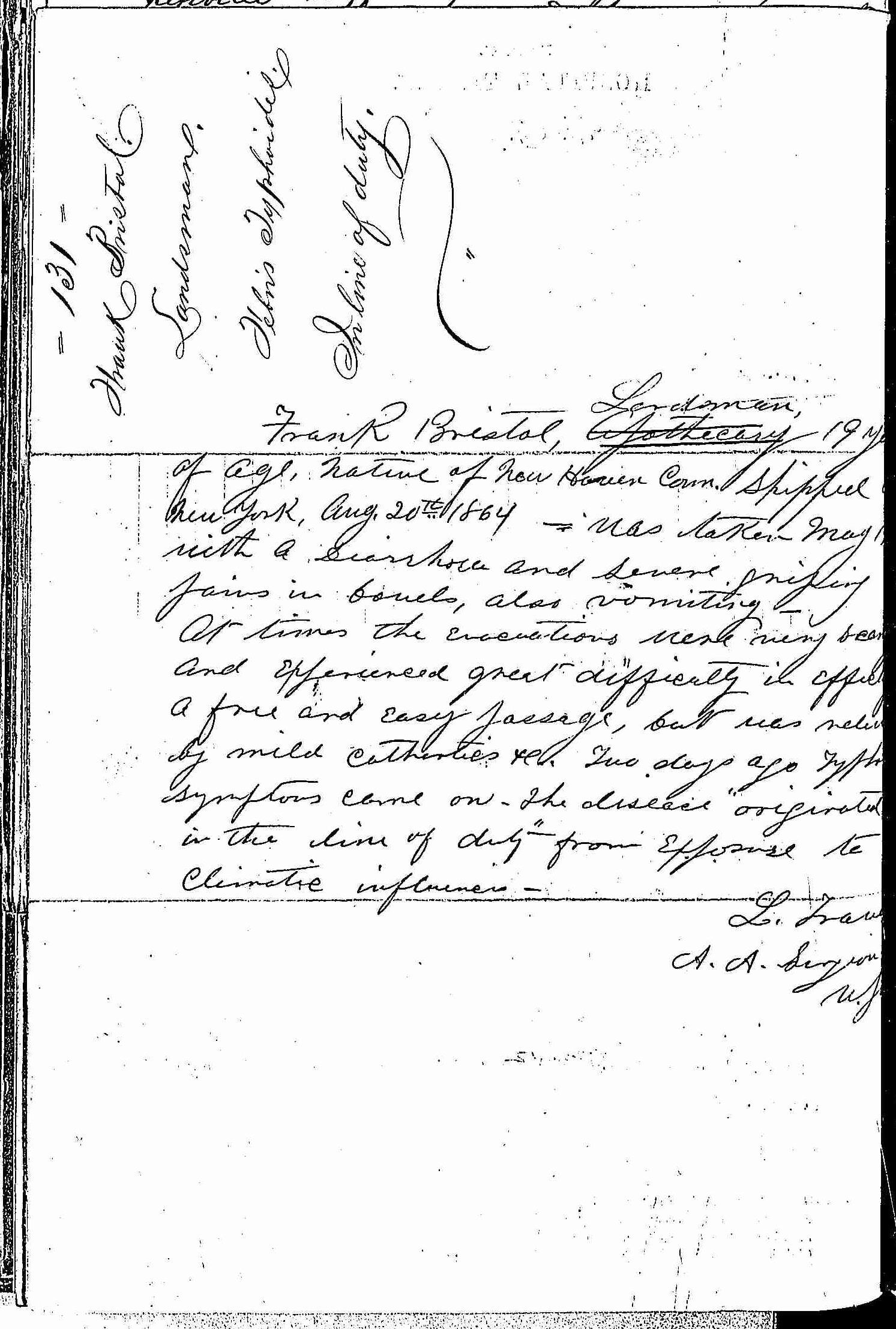 Entry for Francis Wood (page 2 of 2) in the log Hospital Tickets and Case Papers - Naval Hospital - Washington, D.C. - 1866-68