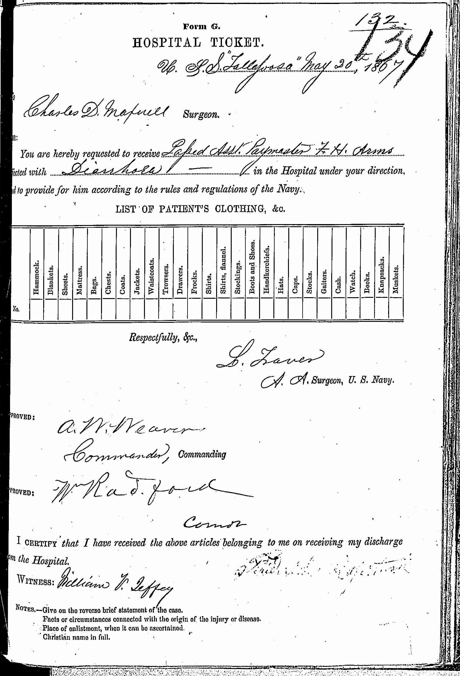 Entry for F. H. Arms (page 1 of 2) in the log Hospital Tickets and Case Papers - Naval Hospital - Washington, D.C. - 1866-68