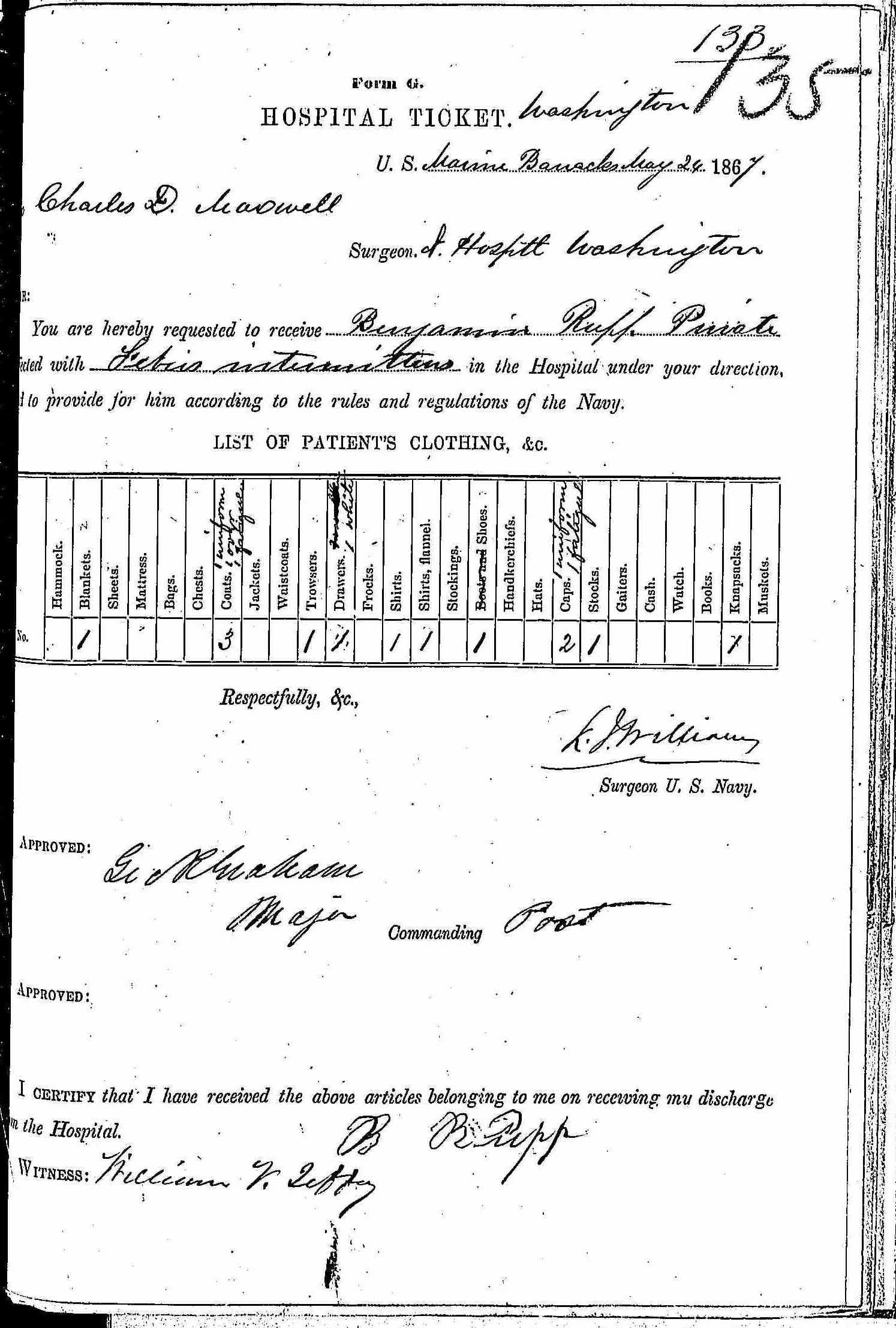 Entry for Benjamin Rupp (first admission page 1 of 2) in the log Hospital Tickets and Case Papers - Naval Hospital - Washington, D.C. - 1866-68