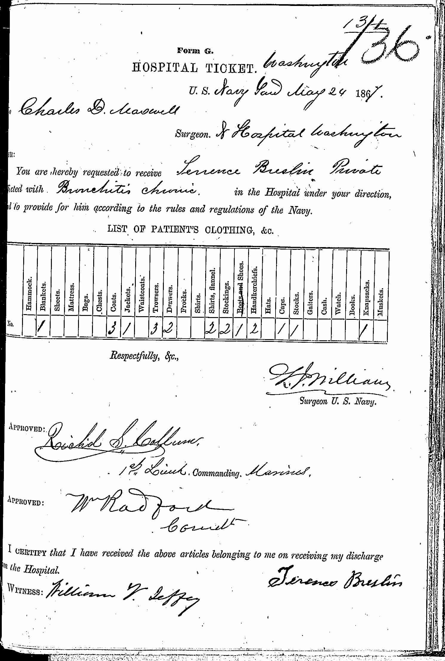 Entry for Terrence Breslin (first admission page 1 of 2) in the log Hospital Tickets and Case Papers - Naval Hospital - Washington, D.C. - 1866-68