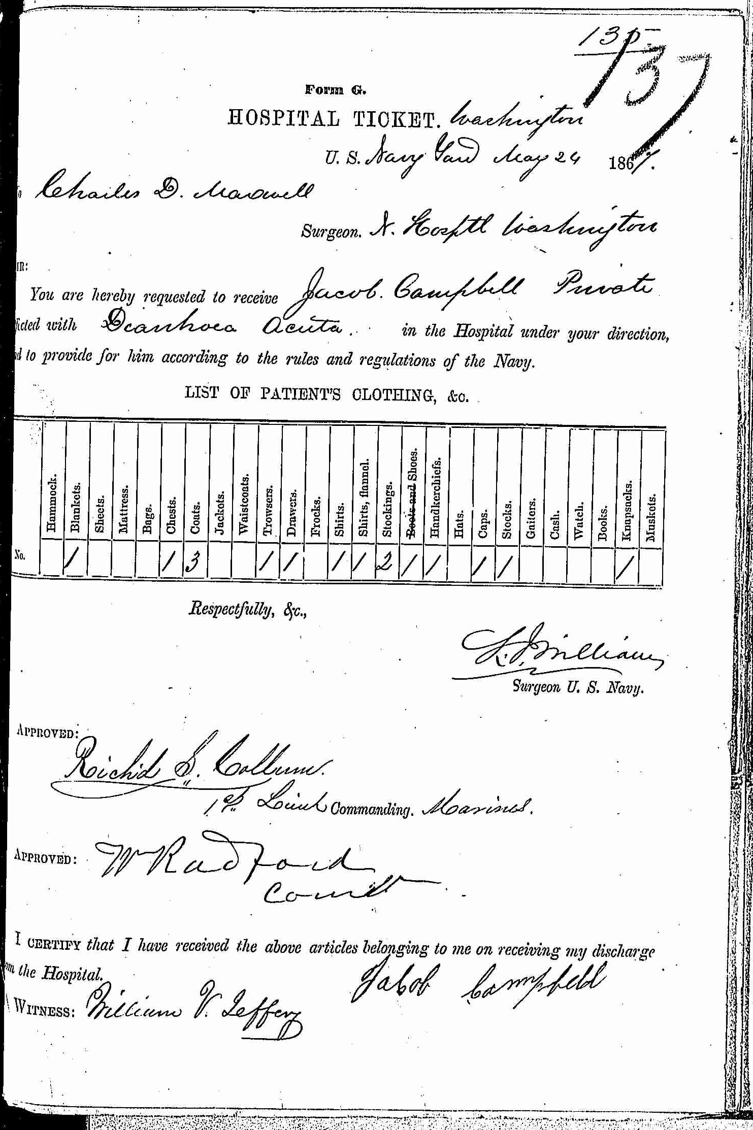 Entry for Jacob Campbell (page 1 of 2) in the log Hospital Tickets and Case Papers - Naval Hospital - Washington, D.C. - 1866-68