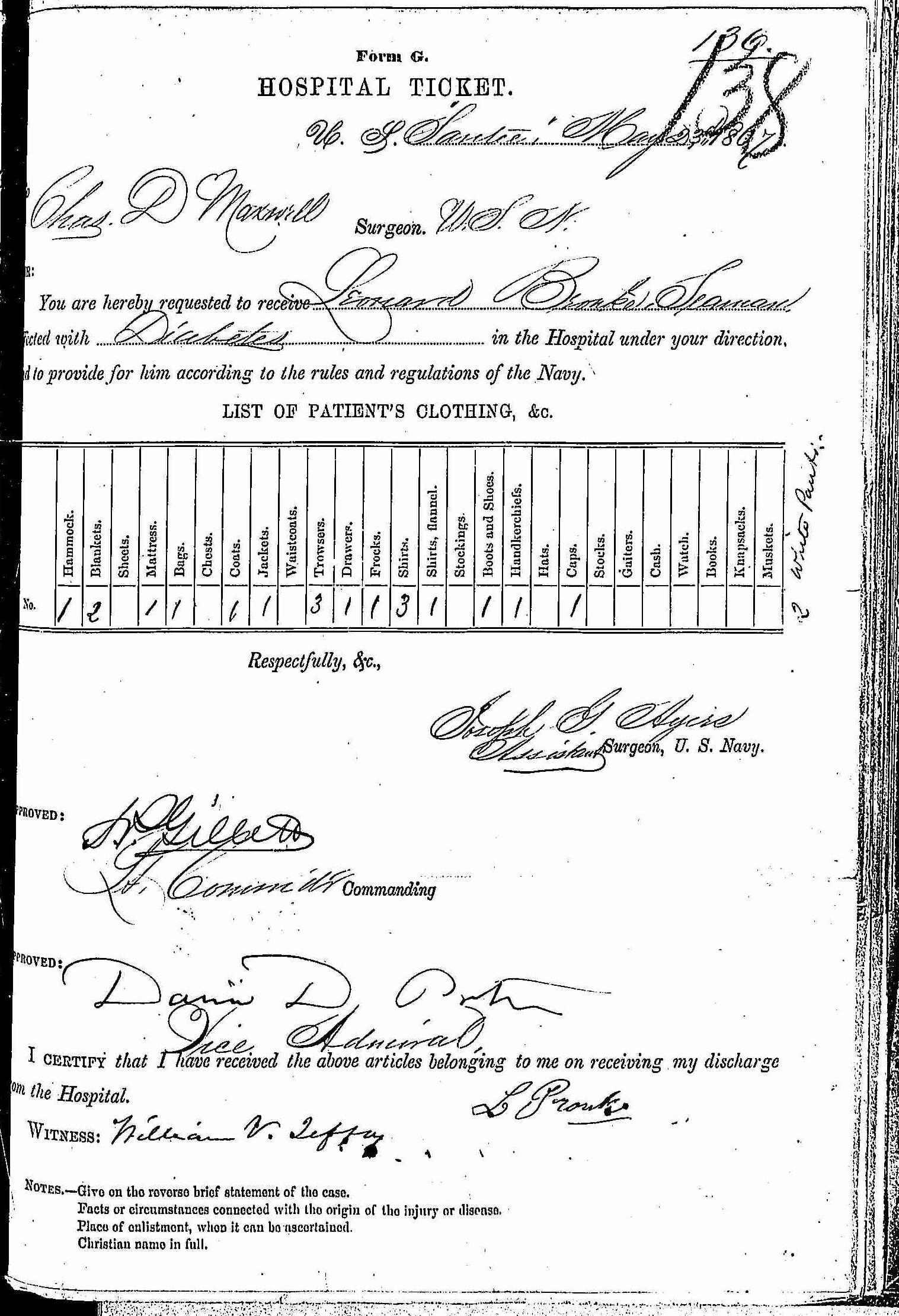 Entry for Leonard Bourke (page 1 of 2) in the log Hospital Tickets and Case Papers - Naval Hospital - Washington, D.C. - 1866-68