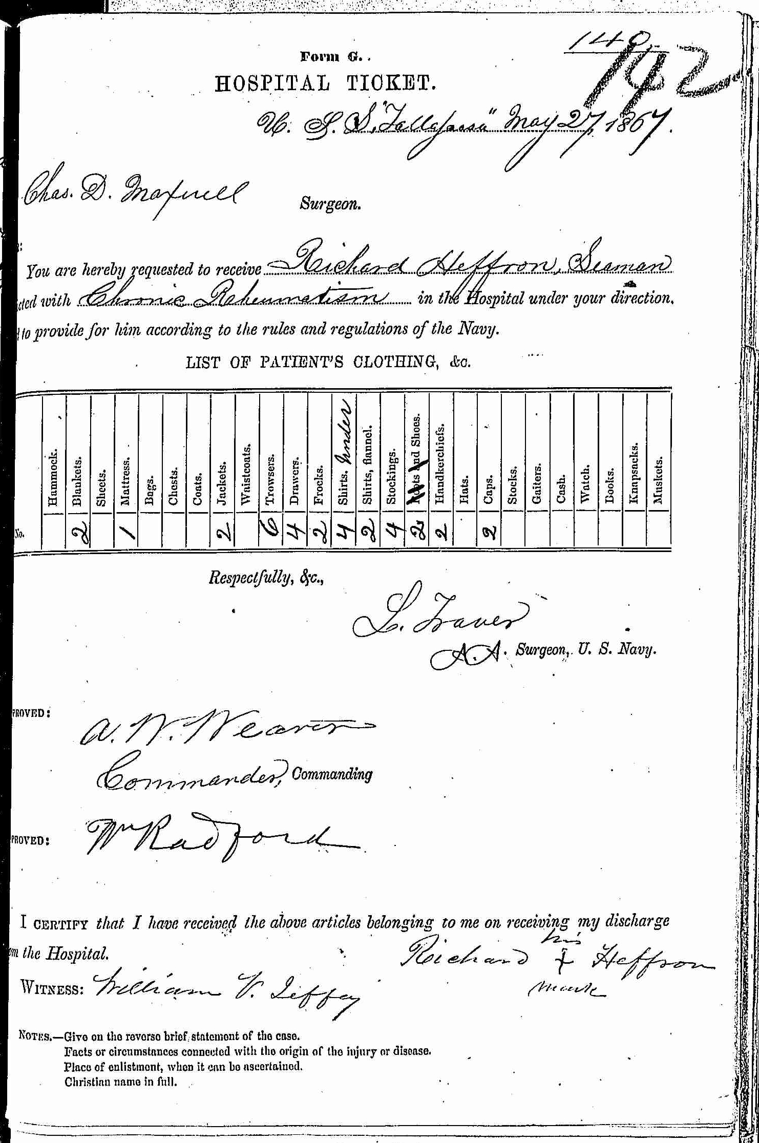 Entry for Richard Hiffron (page 1 of 2) in the log Hospital Tickets and Case Papers - Naval Hospital - Washington, D.C. - 1866-68