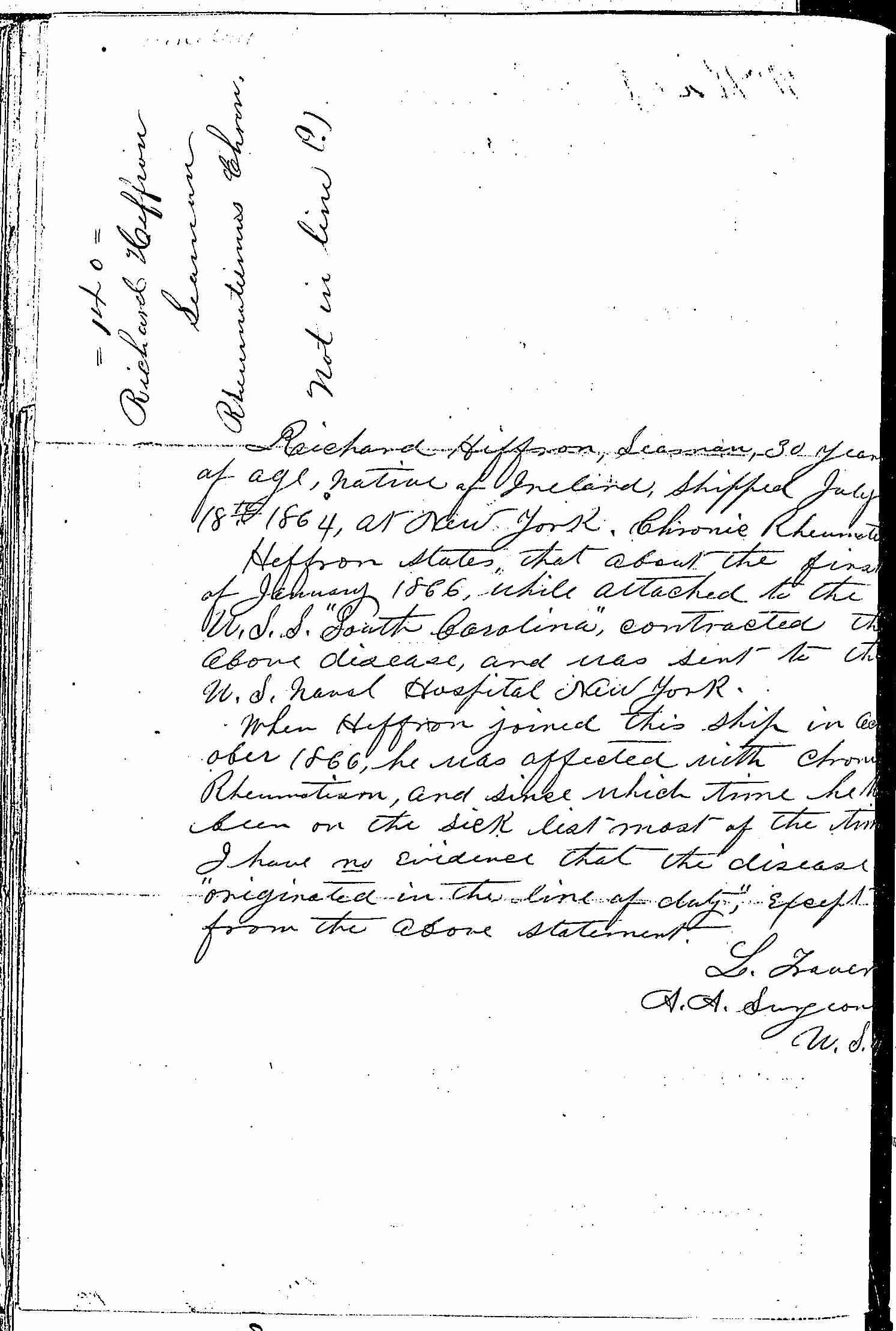 Entry for Richard Hiffron (page 2 of 2) in the log Hospital Tickets and Case Papers - Naval Hospital - Washington, D.C. - 1866-68