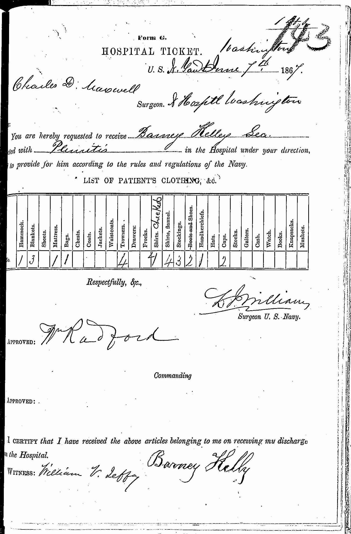 Entry for Barney Kelley (page 1 of 2) in the log Hospital Tickets and Case Papers - Naval Hospital - Washington, D.C. - 1866-68