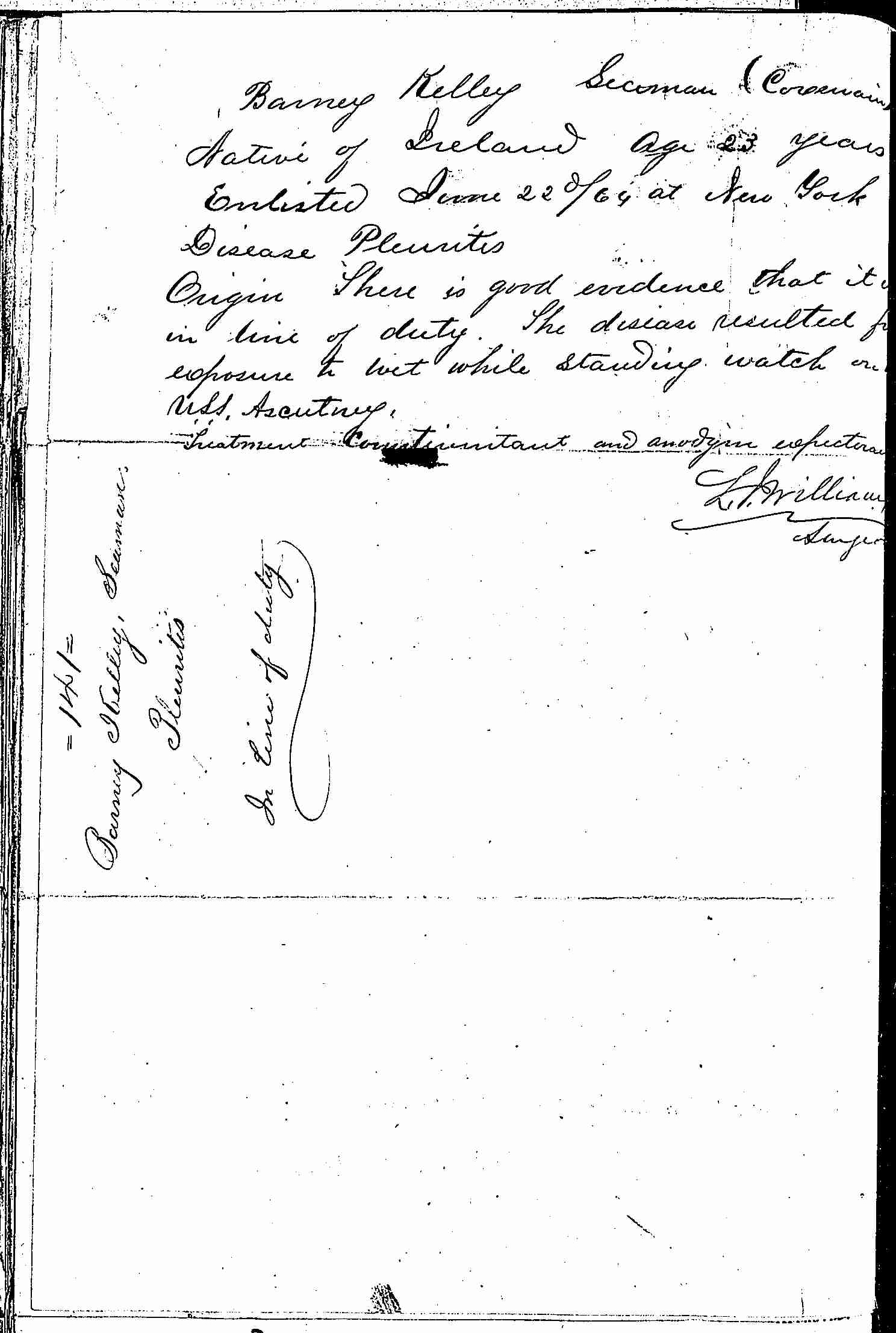 Entry for Barney Kelley (page 2 of 2) in the log Hospital Tickets and Case Papers - Naval Hospital - Washington, D.C. - 1866-68