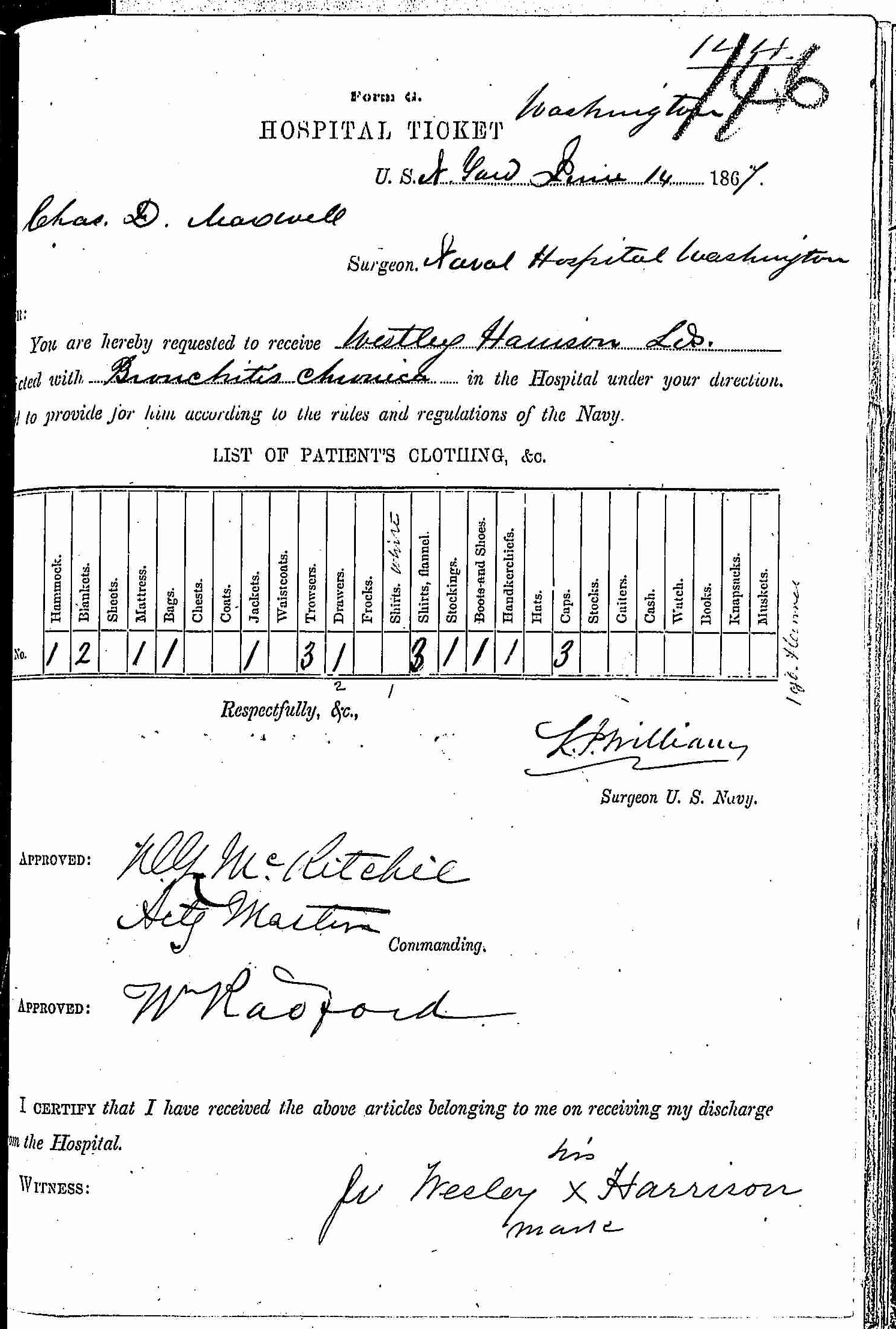 Entry for Westley Harrison (page 1 of 2) in the log Hospital Tickets and Case Papers - Naval Hospital - Washington, D.C. - 1866-68