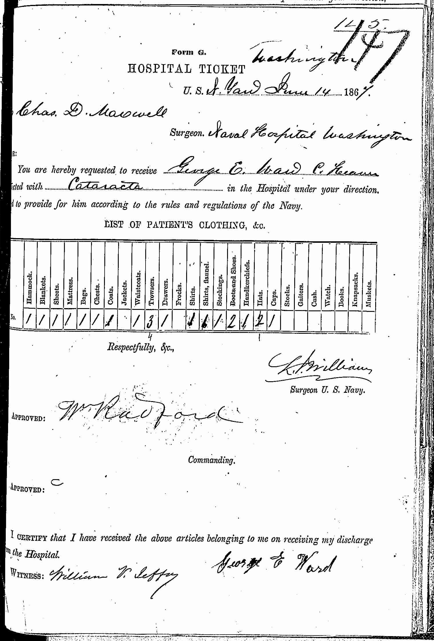 Entry for George E. Ward (page 1 of 2) in the log Hospital Tickets and Case Papers - Naval Hospital - Washington, D.C. - 1866-68