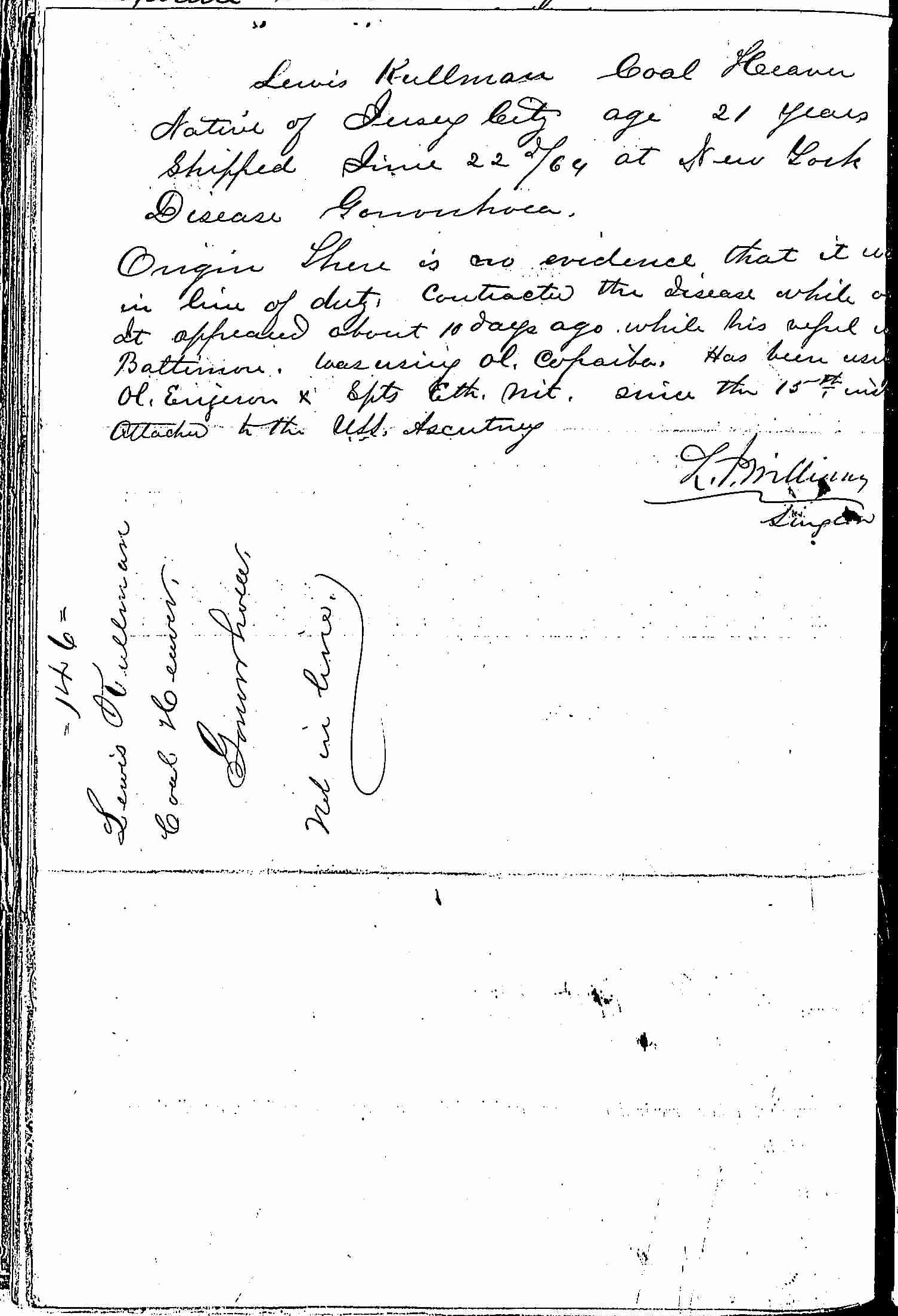 Entry for Lewis Kellman (page 2 of 2) in the log Hospital Tickets and Case Papers - Naval Hospital - Washington, D.C. - 1866-68