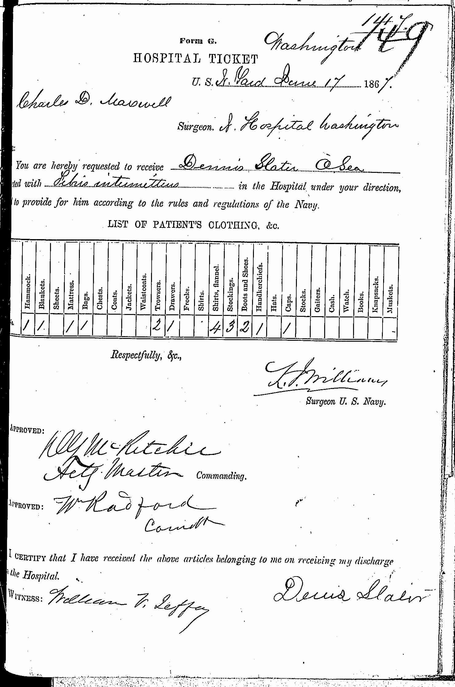 Entry for Dennis Slater (second admission page 1 of 2) in the log Hospital Tickets and Case Papers - Naval Hospital - Washington, D.C. - 1866-68