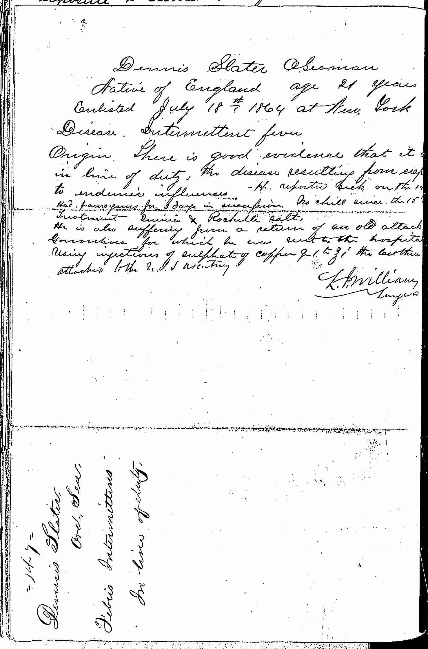 Entry for Dennis Slater (page 2 of 2) in the log Hospital Tickets and Case Papers - Naval Hospital - Washington, D.C. - 1866-68