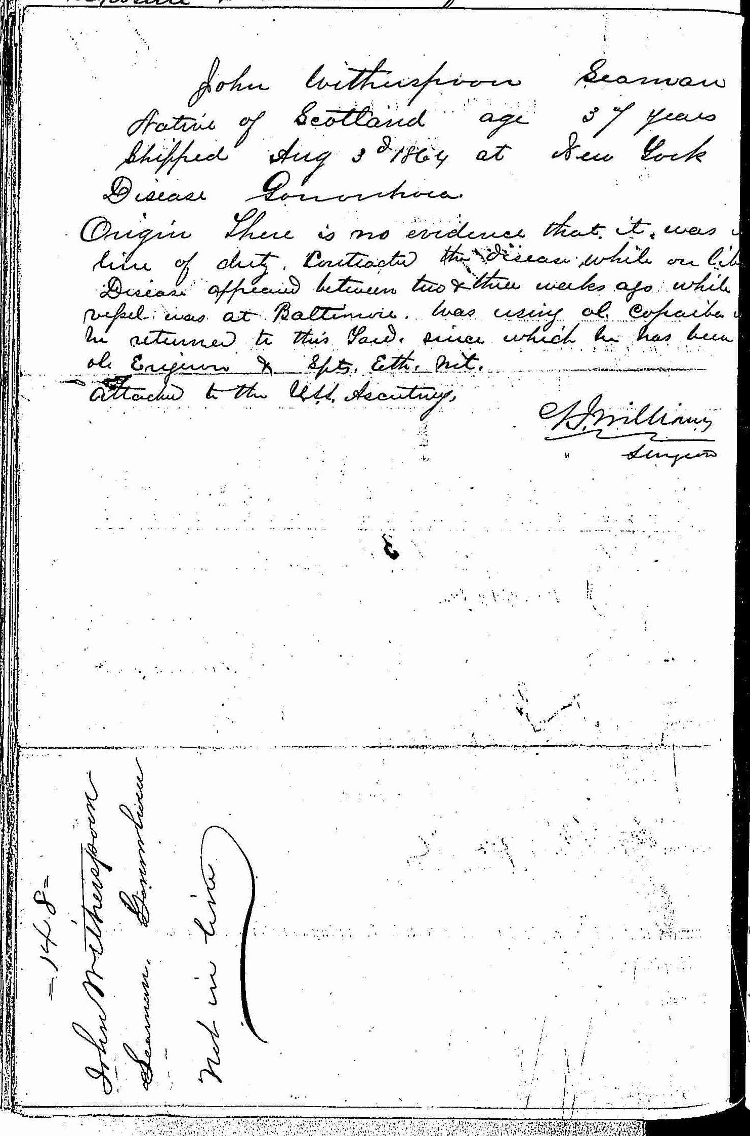 Entry for John Witherspoon (page 2 of 2) in the log Hospital Tickets and Case Papers - Naval Hospital - Washington, D.C. - 1866-68