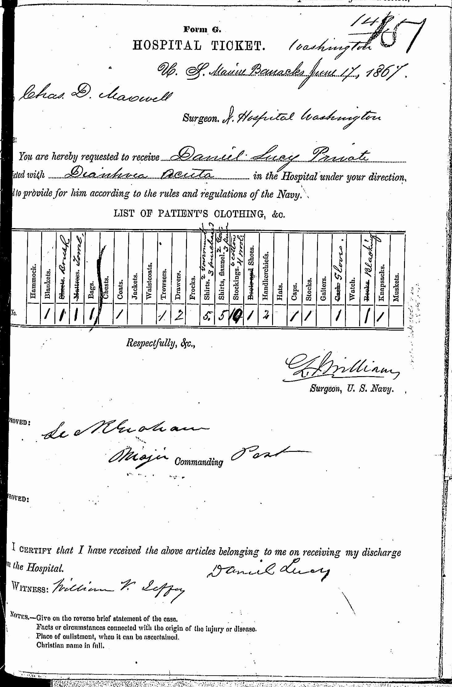 Entry for Daniel Lucy (page 1 of 2) in the log Hospital Tickets and Case Papers - Naval Hospital - Washington, D.C. - 1866-68