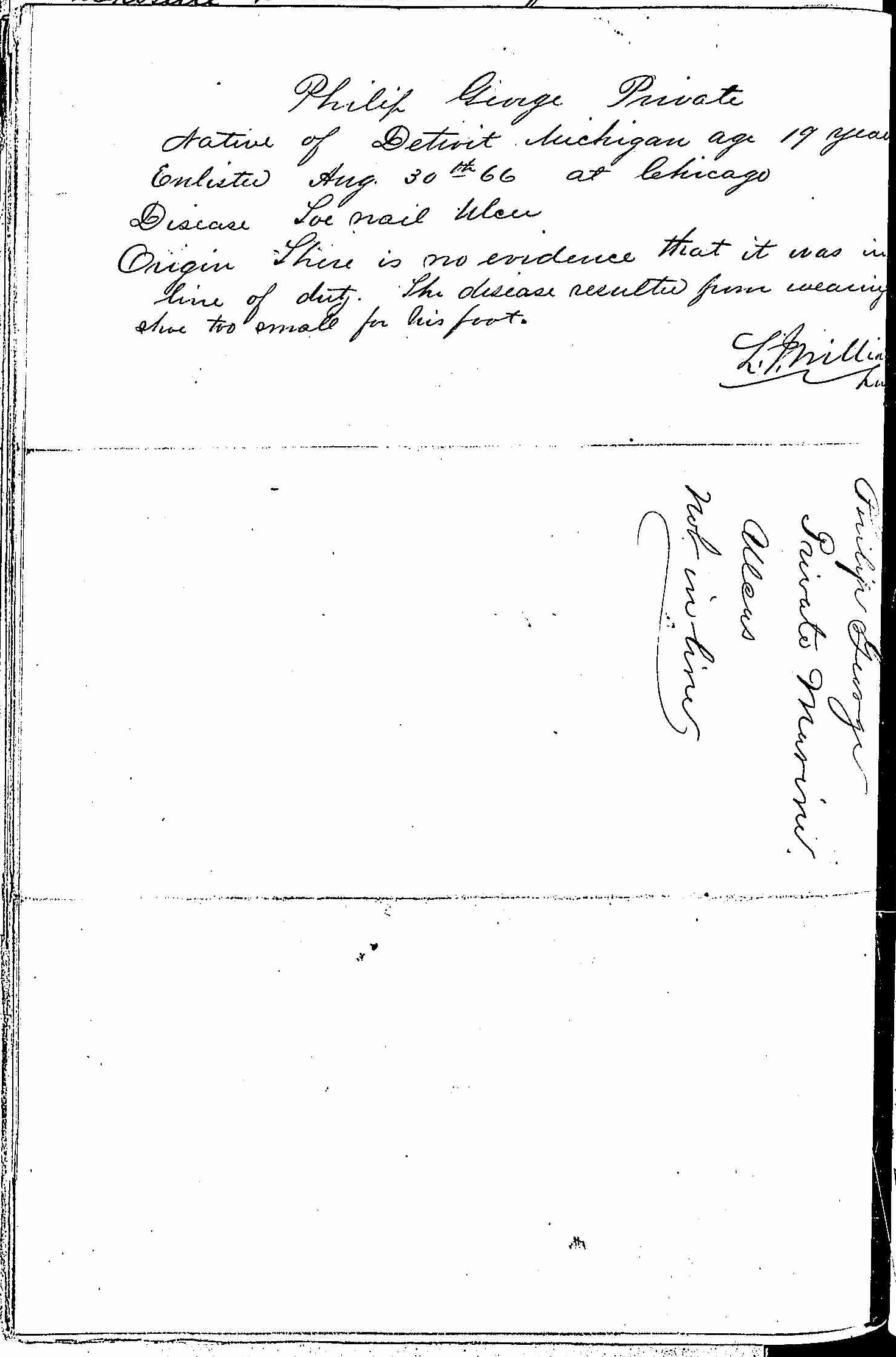 Entry for Philip George (second admission page 2 of 2) in the log Hospital Tickets and Case Papers - Naval Hospital - Washington, D.C. - 1866-68