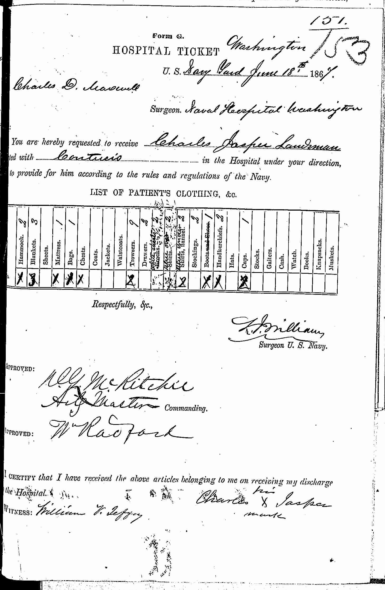 Entry for Charles Jasper (page 1 of 2) in the log Hospital Tickets and Case Papers - Naval Hospital - Washington, D.C. - 1866-68