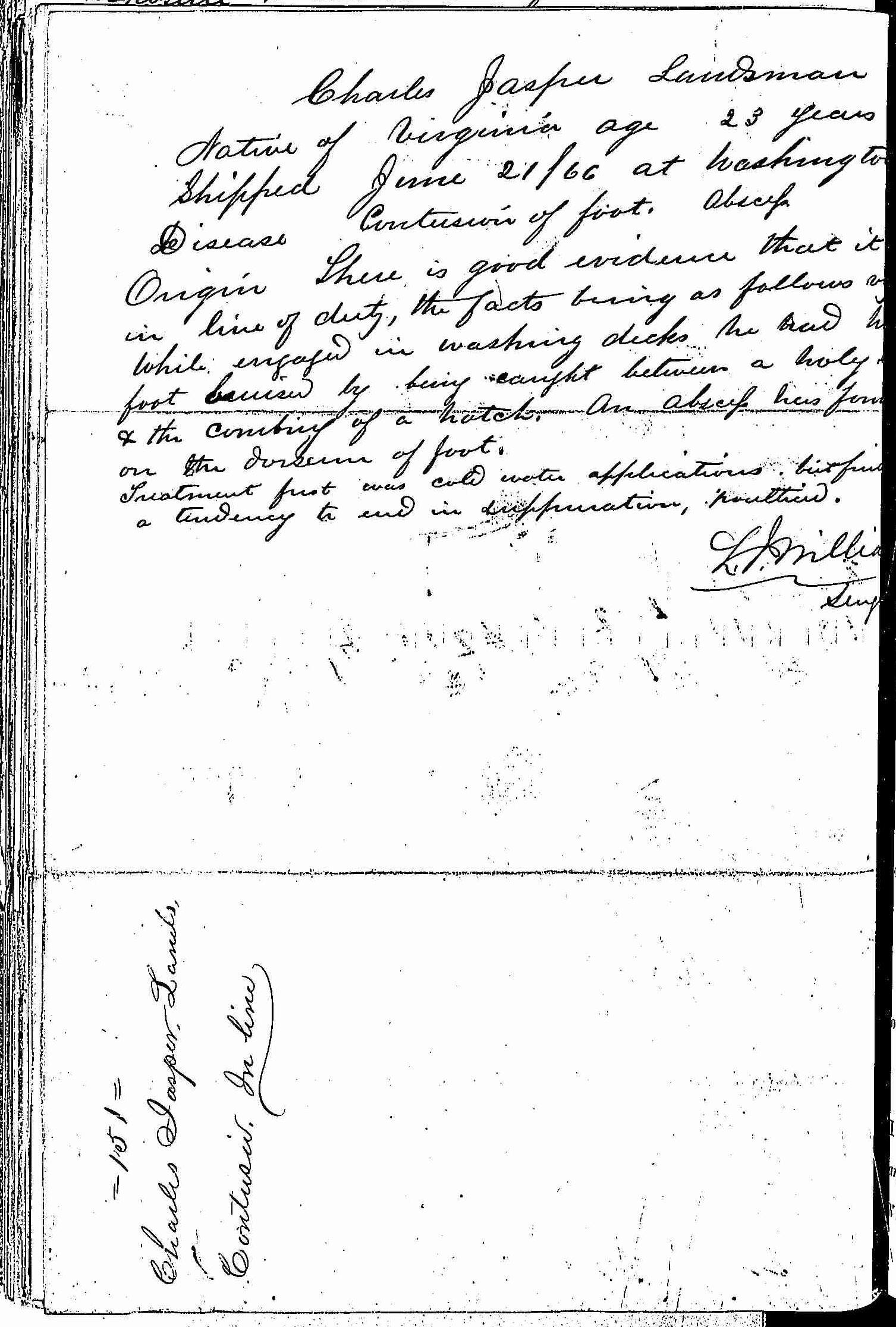 Entry for Charles Jasper (page 2 of 2) in the log Hospital Tickets and Case Papers - Naval Hospital - Washington, D.C. - 1866-68