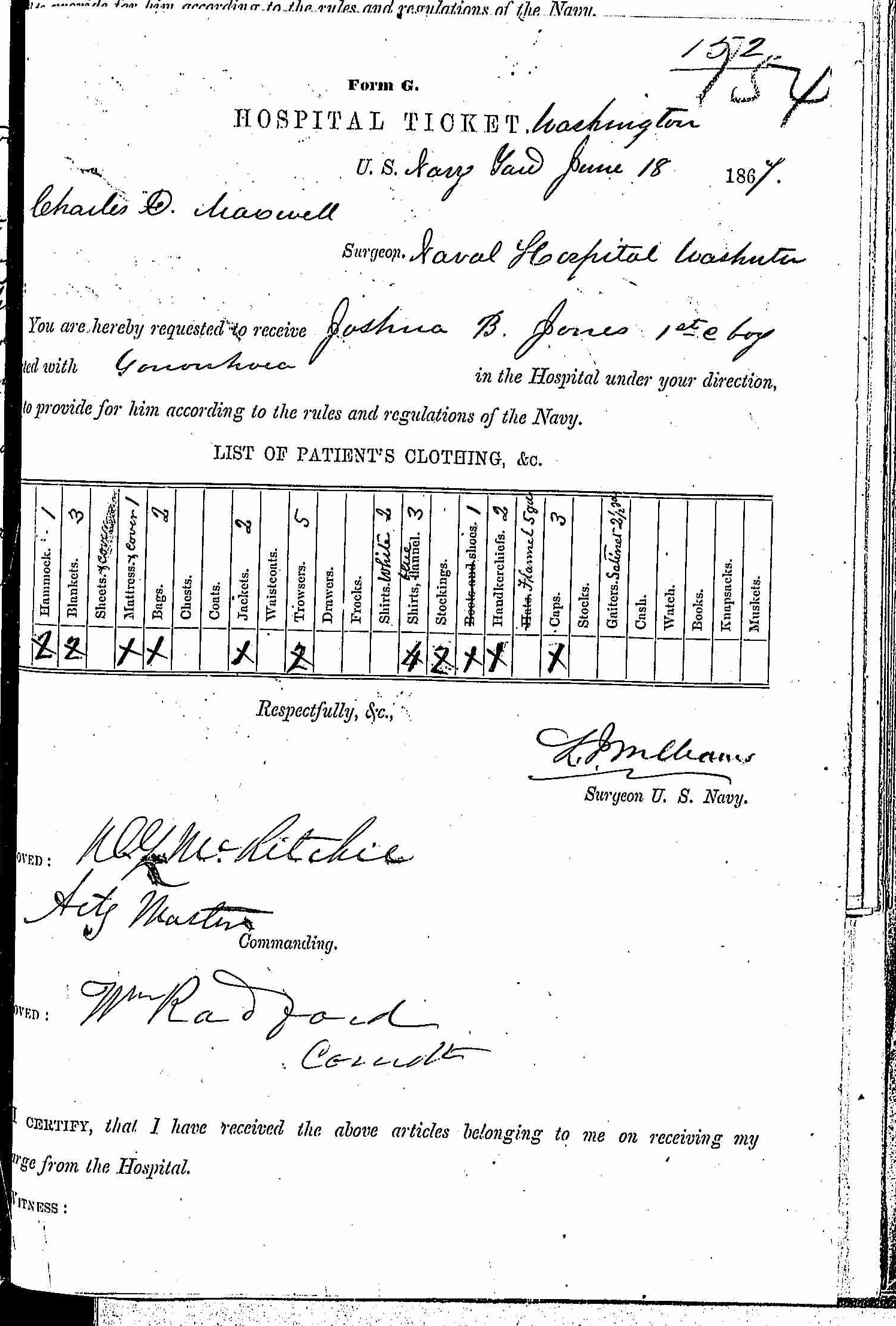 Entry for Joshua B. Jones (page 1 of 4) in the log Hospital Tickets and Case Papers - Naval Hospital - Washington, D.C. - 1866-68