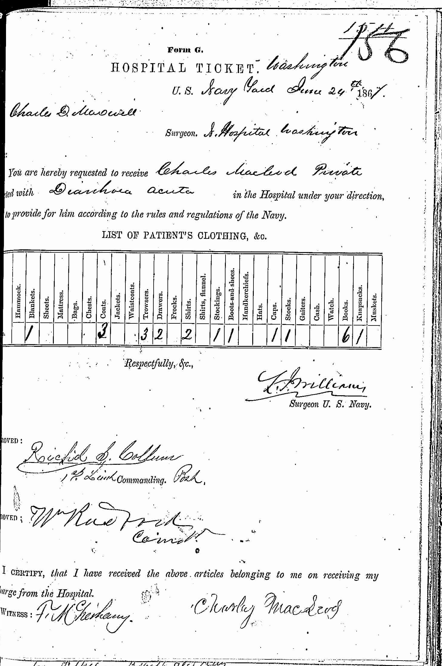 Entry for Charles MacLead (page 1 of 2) in the log Hospital Tickets and Case Papers - Naval Hospital - Washington, D.C. - 1866-68