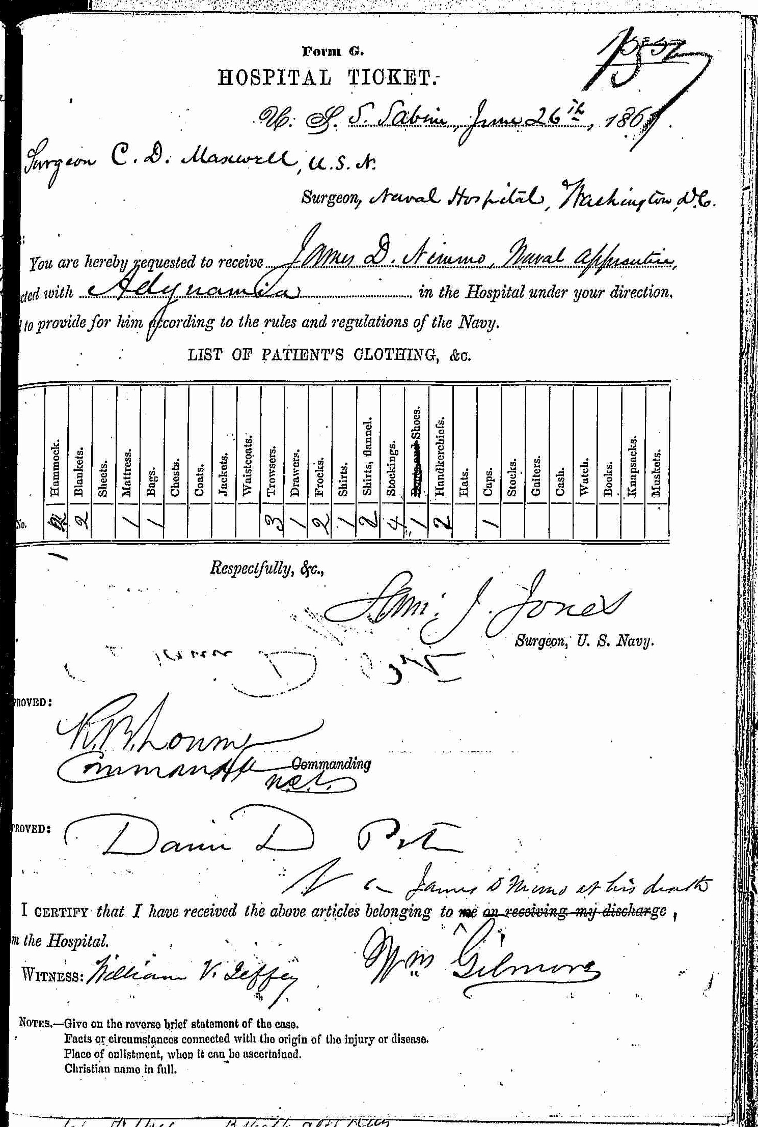 Entry for James D. Nimmo (page 1 of 2) in the log Hospital Tickets and Case Papers - Naval Hospital - Washington, D.C. - 1866-68