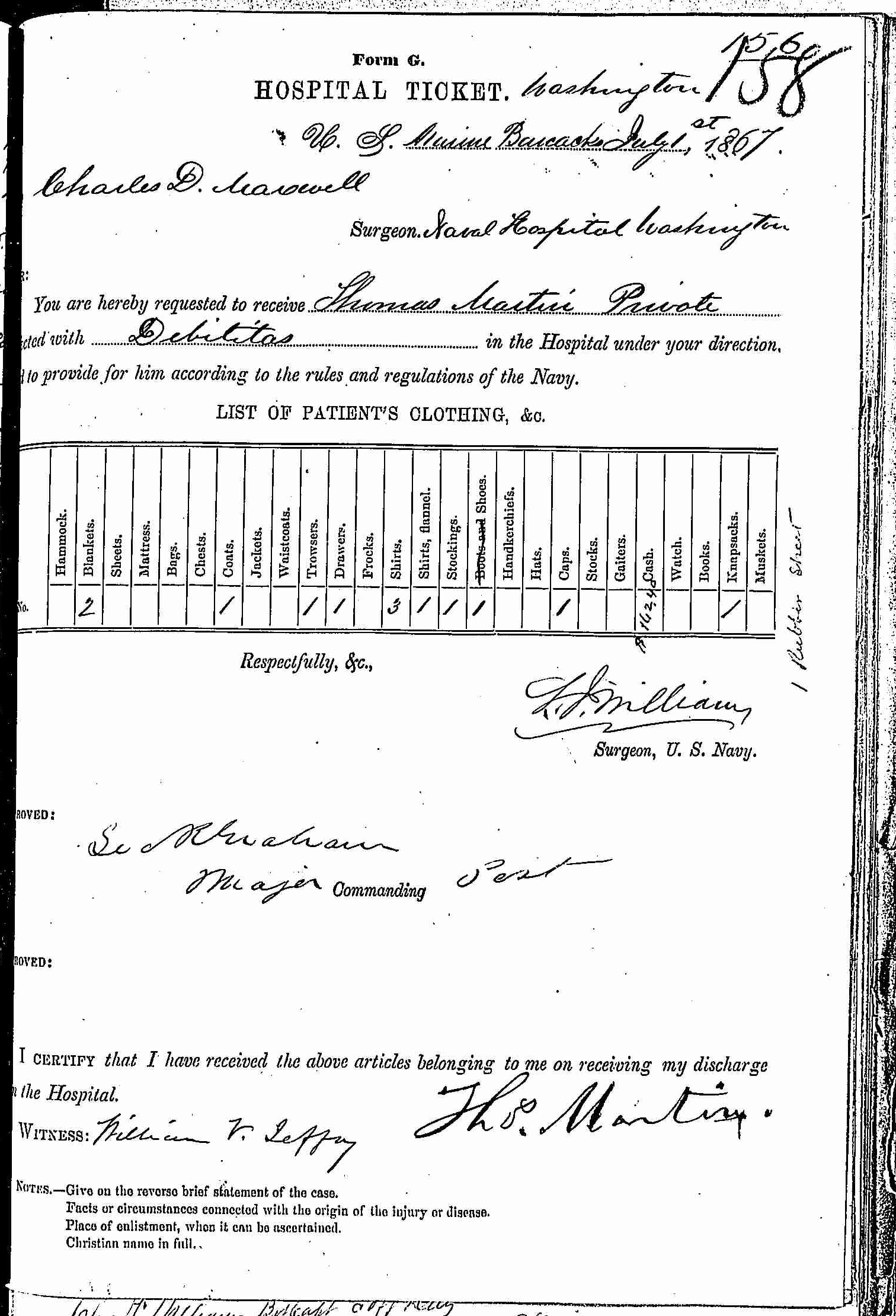 Entry for Thomas Martin (page 1 of 2) in the log Hospital Tickets and Case Papers - Naval Hospital - Washington, D.C. - 1866-68