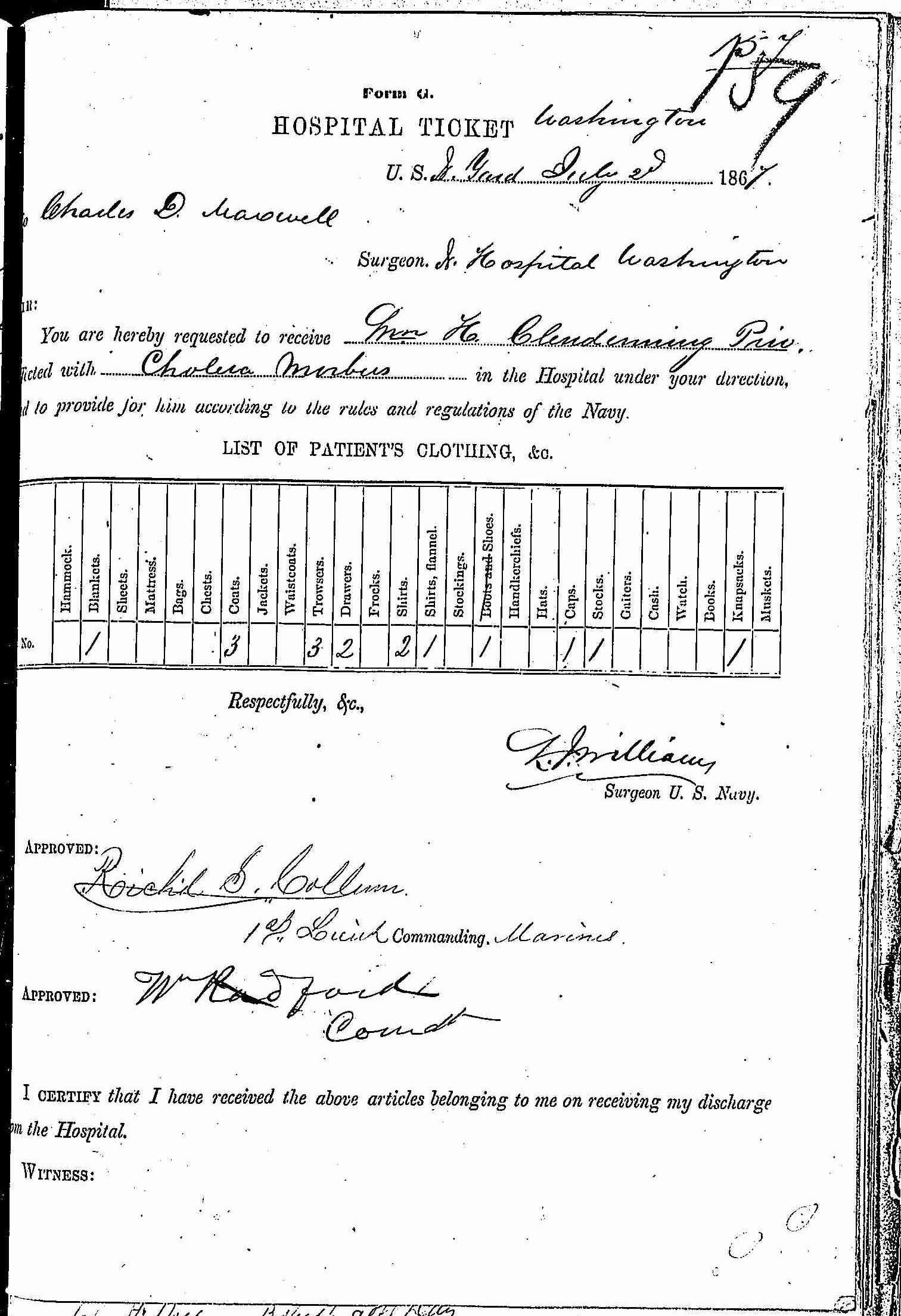 Entry for William H. Clendenning (page 1 of 2) in the log Hospital Tickets and Case Papers - Naval Hospital - Washington, D.C. - 1866-68