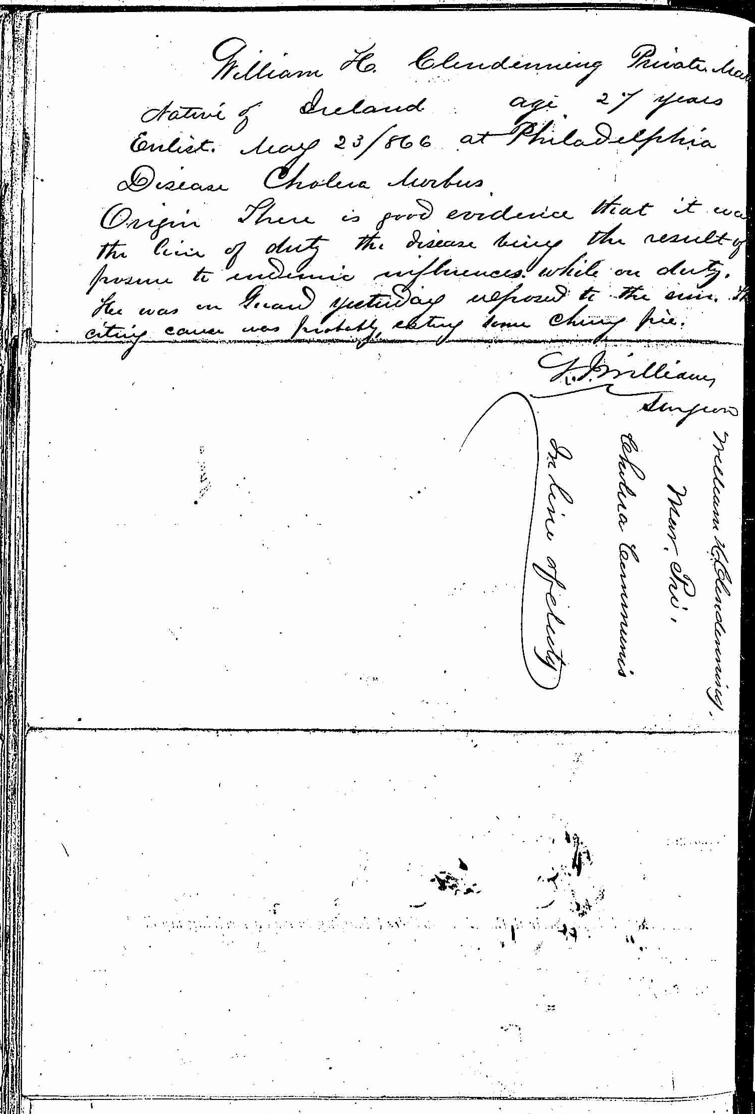 Entry for William H. Clendenning (page 2 of 2) in the log Hospital Tickets and Case Papers - Naval Hospital - Washington, D.C. - 1866-68