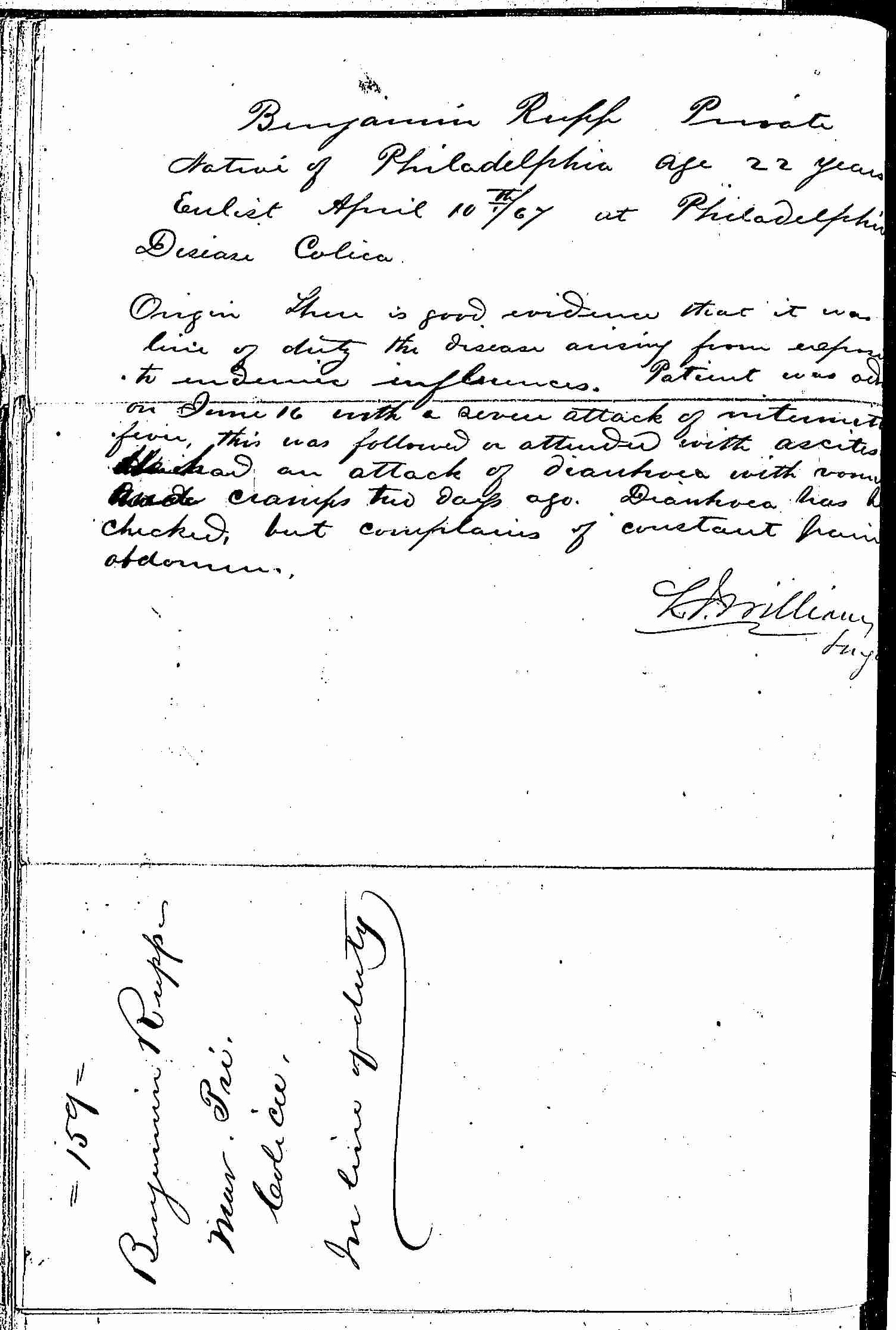 Entry for Benjamin Rupp (second admission page 2 of 2) in the log Hospital Tickets and Case Papers - Naval Hospital - Washington, D.C. - 1866-68