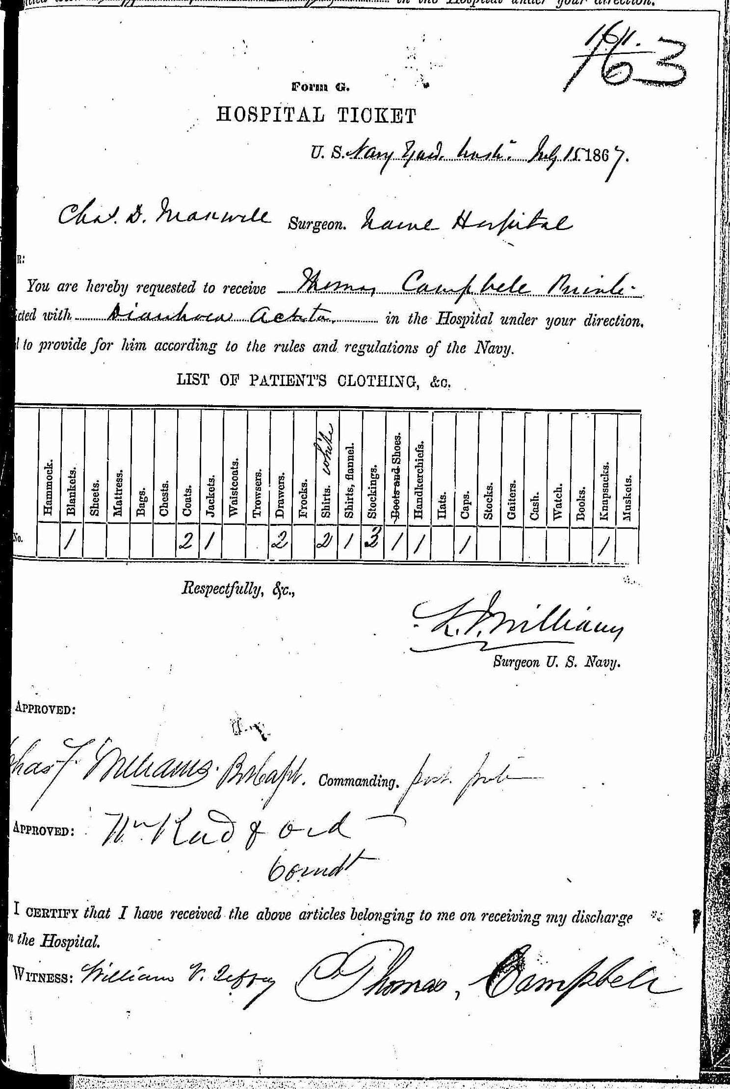 Entry for Thomas Campbell (first admission page 1 of 2) in the log Hospital Tickets and Case Papers - Naval Hospital - Washington, D.C. - 1866-68